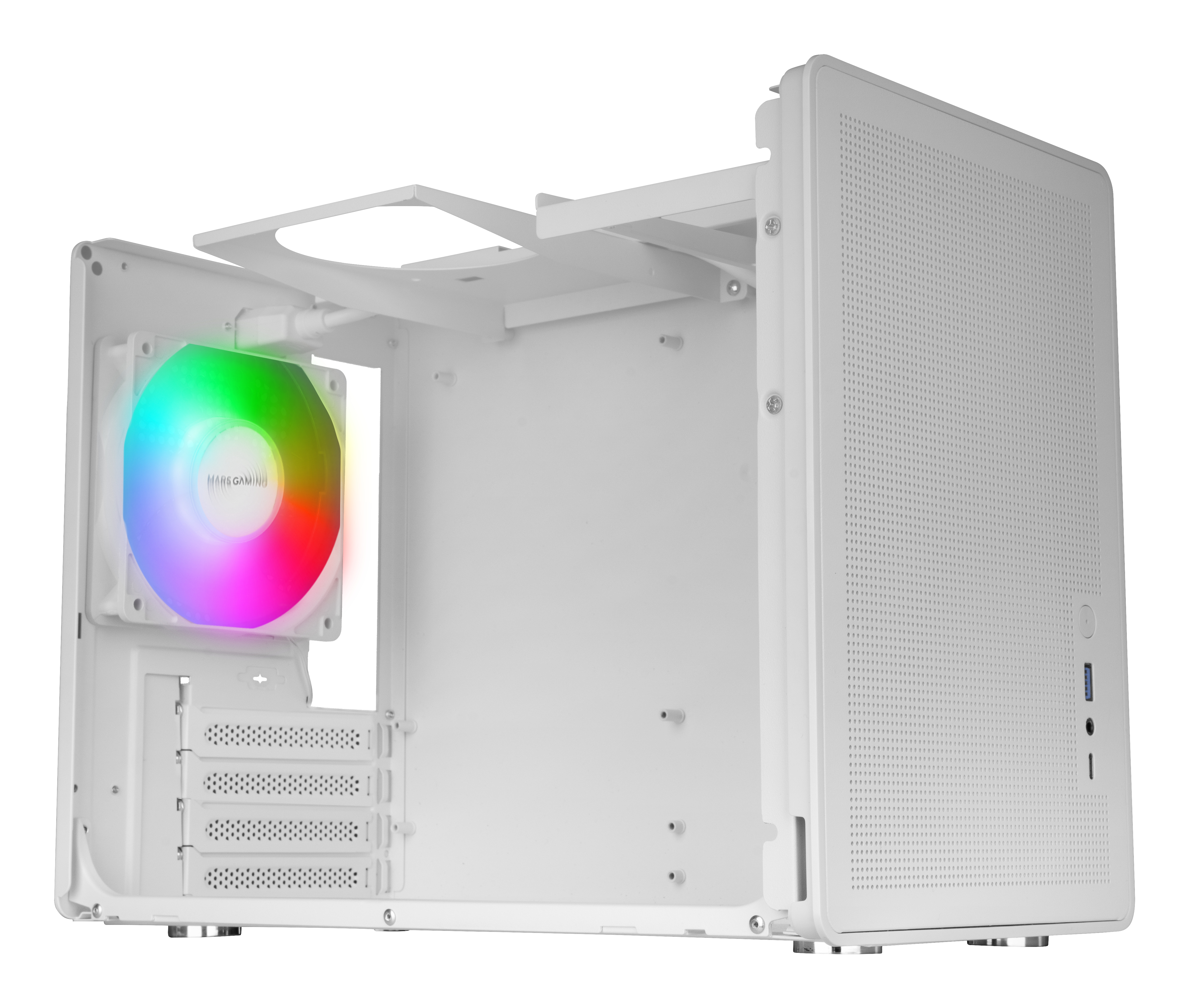 Case per computer bianco con ventola colorata. Il case è aperto, mostrando i componenti interni.