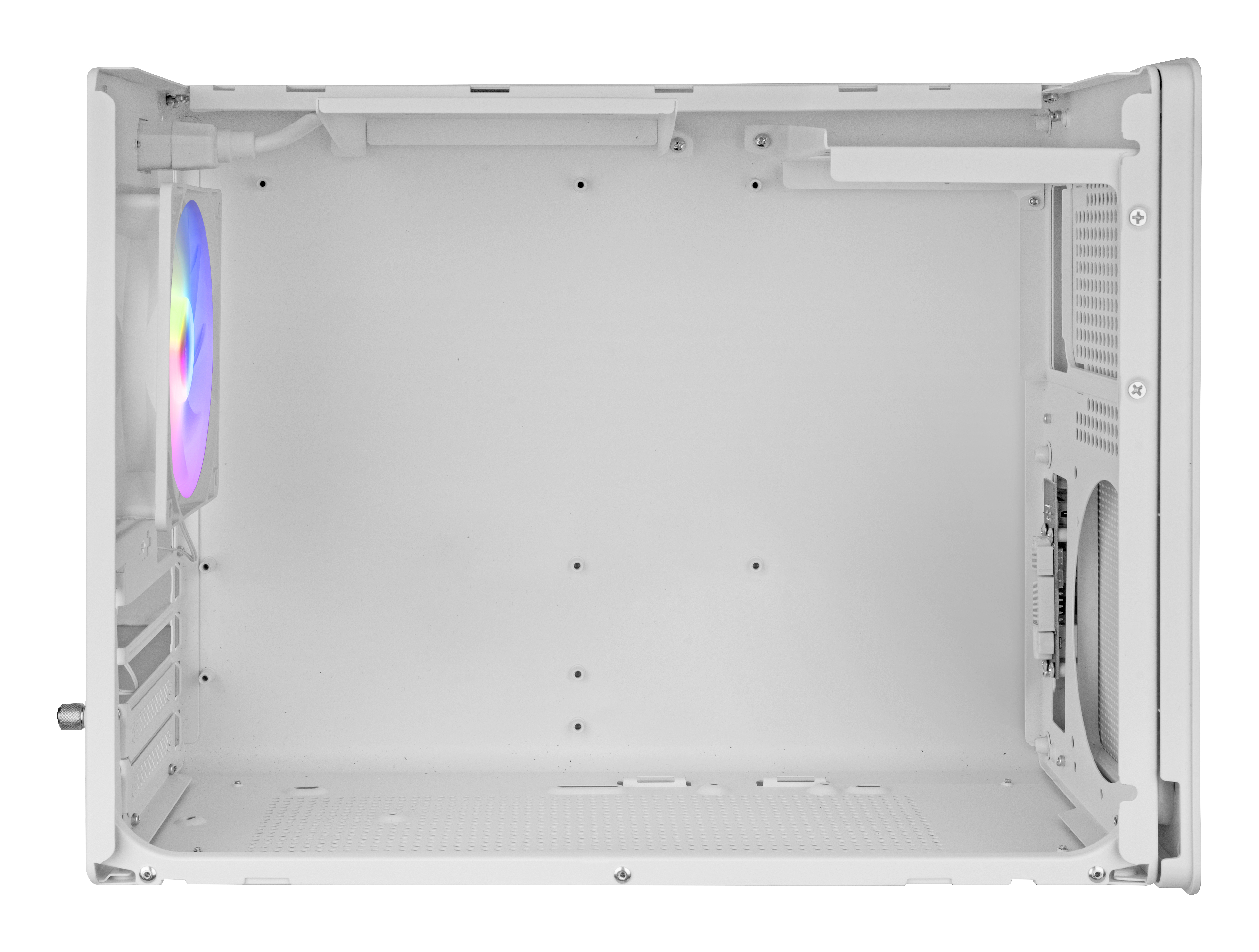 Interno di un case per computer bianco. Una ventola con luce arcobaleno a sinistra. Viti e fori visibili.