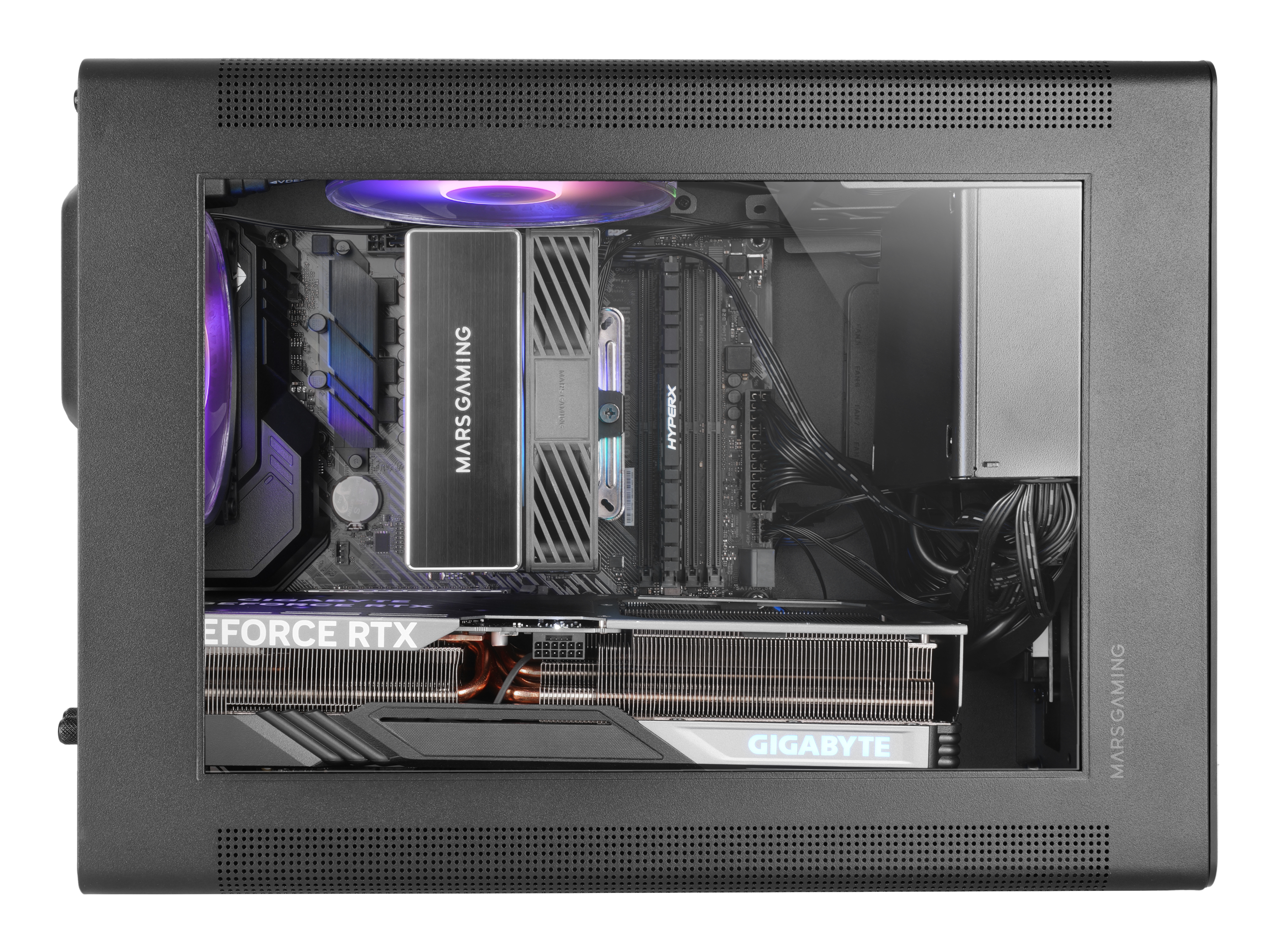 Un case per computer con componenti all'interno. Visibili una scheda madre, una scheda grafica, un dissipatore CPU e cavi.