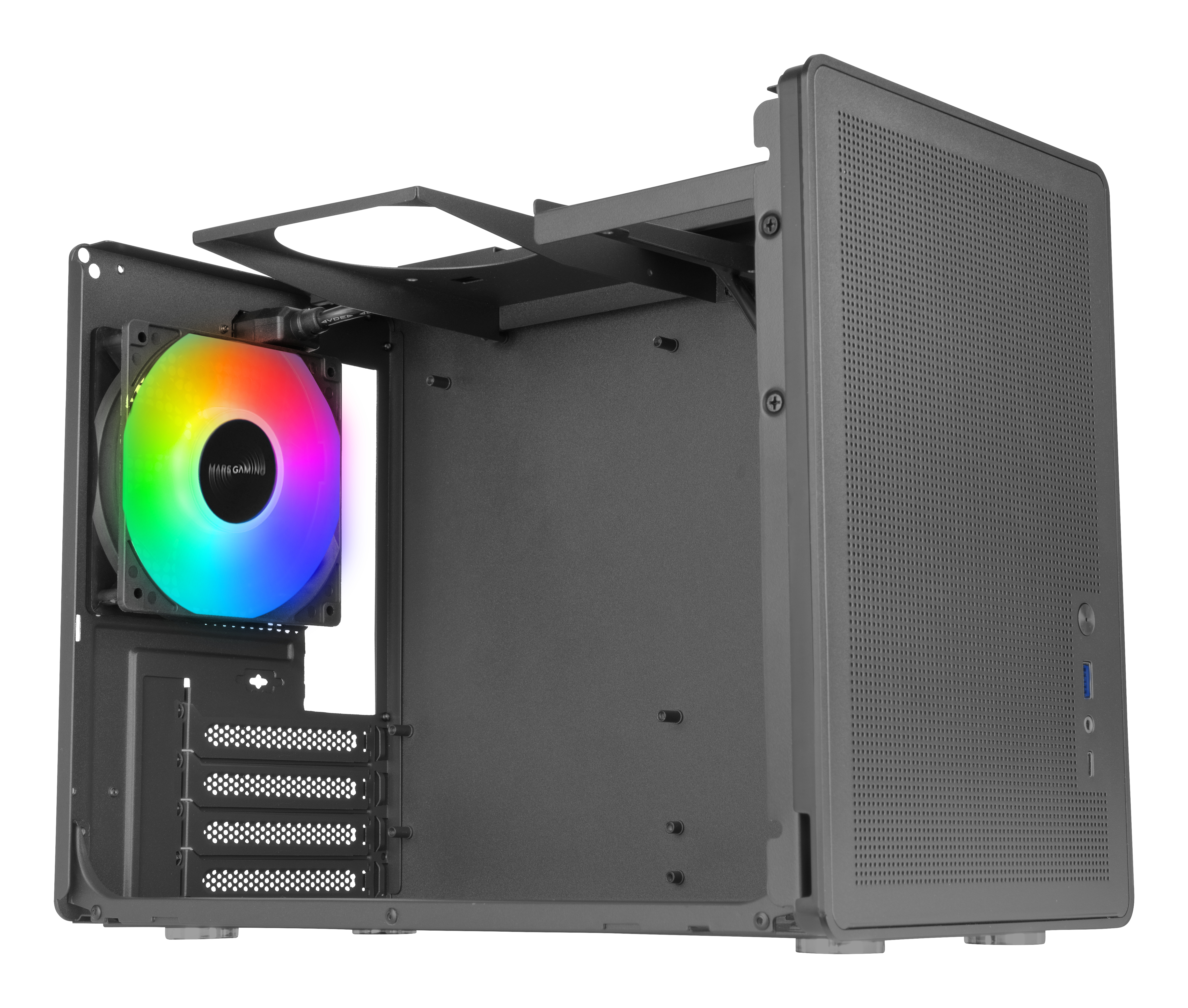 Un case per computer grigio con un lato aperto, una ventola arcobaleno e un pannello perforato.