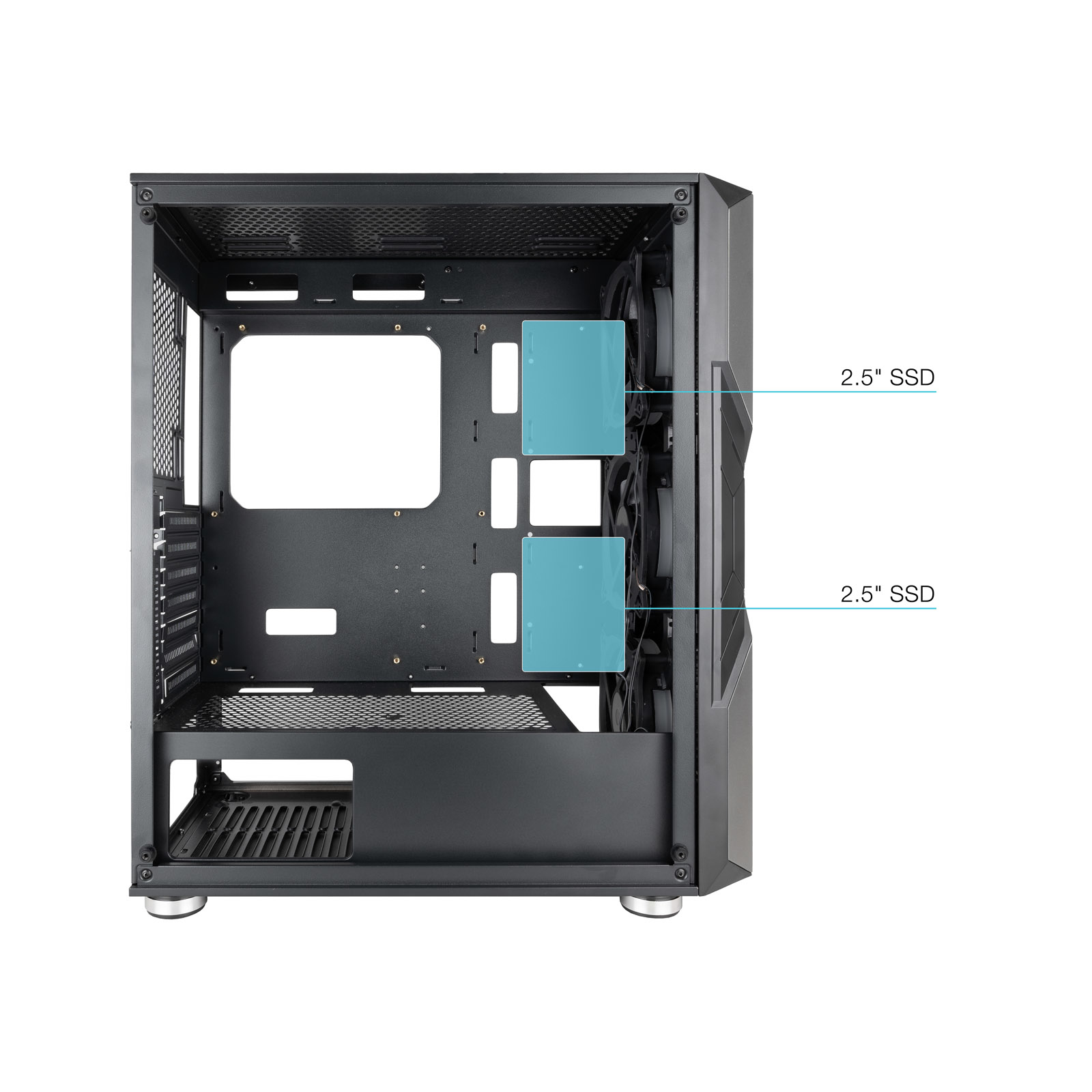 Interno di un case per computer nero con ventola e due supporti SSD blu. Sfondo bianco.