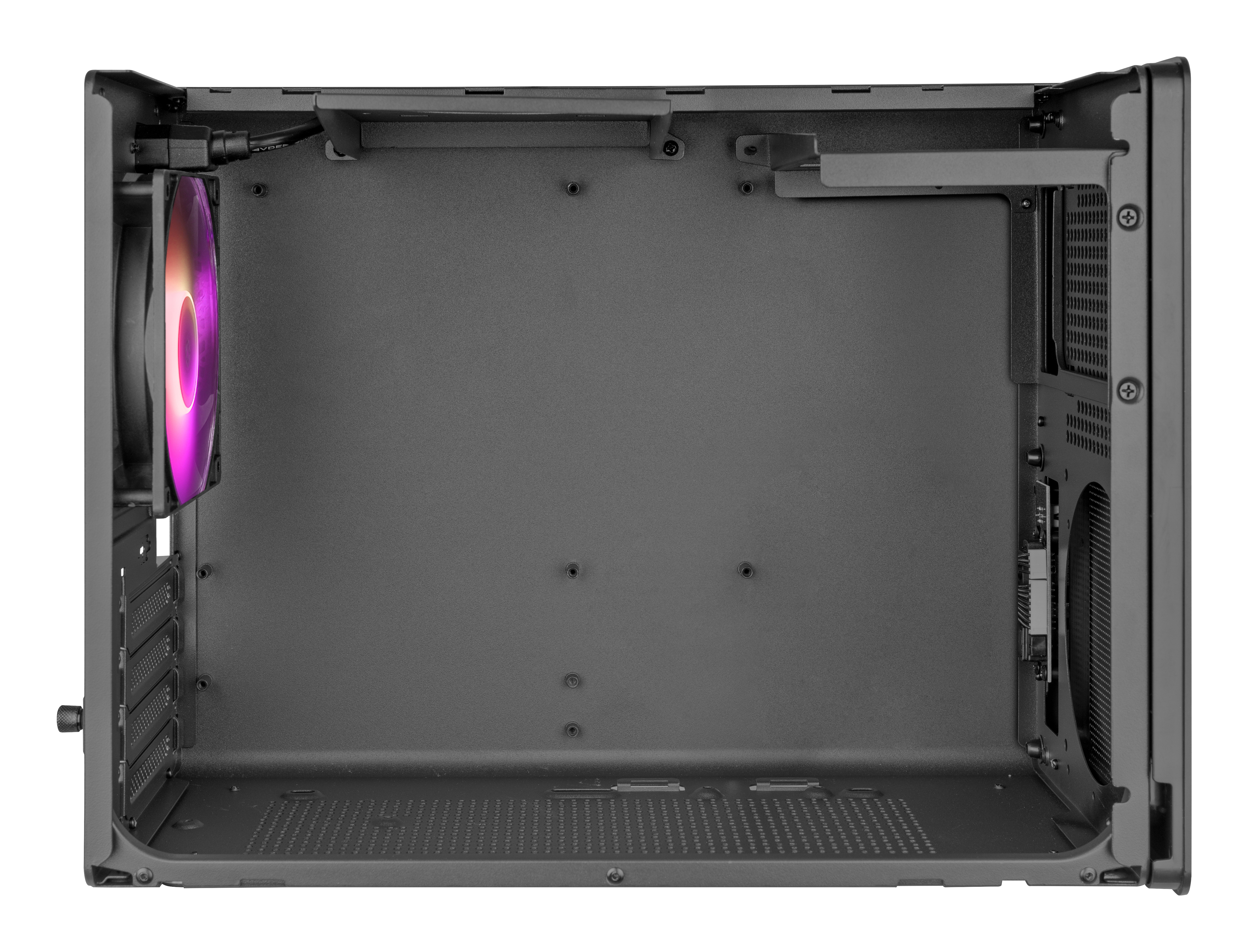 Interno di un case di computer nero vuoto con una ventola con luci viola. Il case è aperto e vuoto.