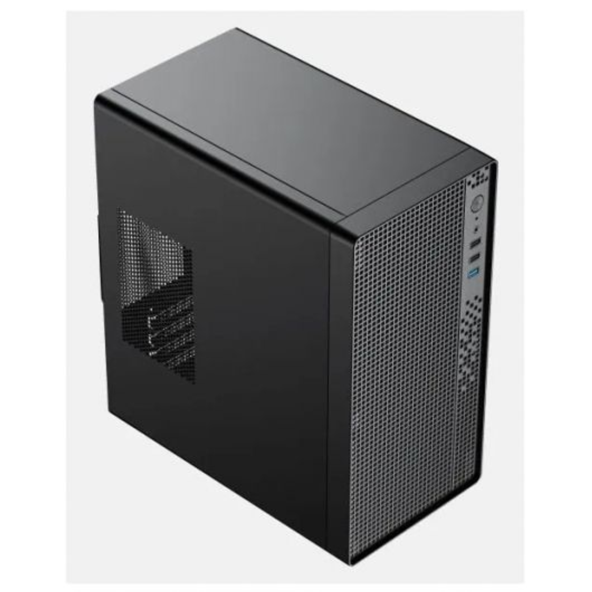 Un case per computer nero con un pannello frontale a rete. Ha una presa d'aria laterale e porte sul pannello frontale. Su sfondo grigio chiaro.