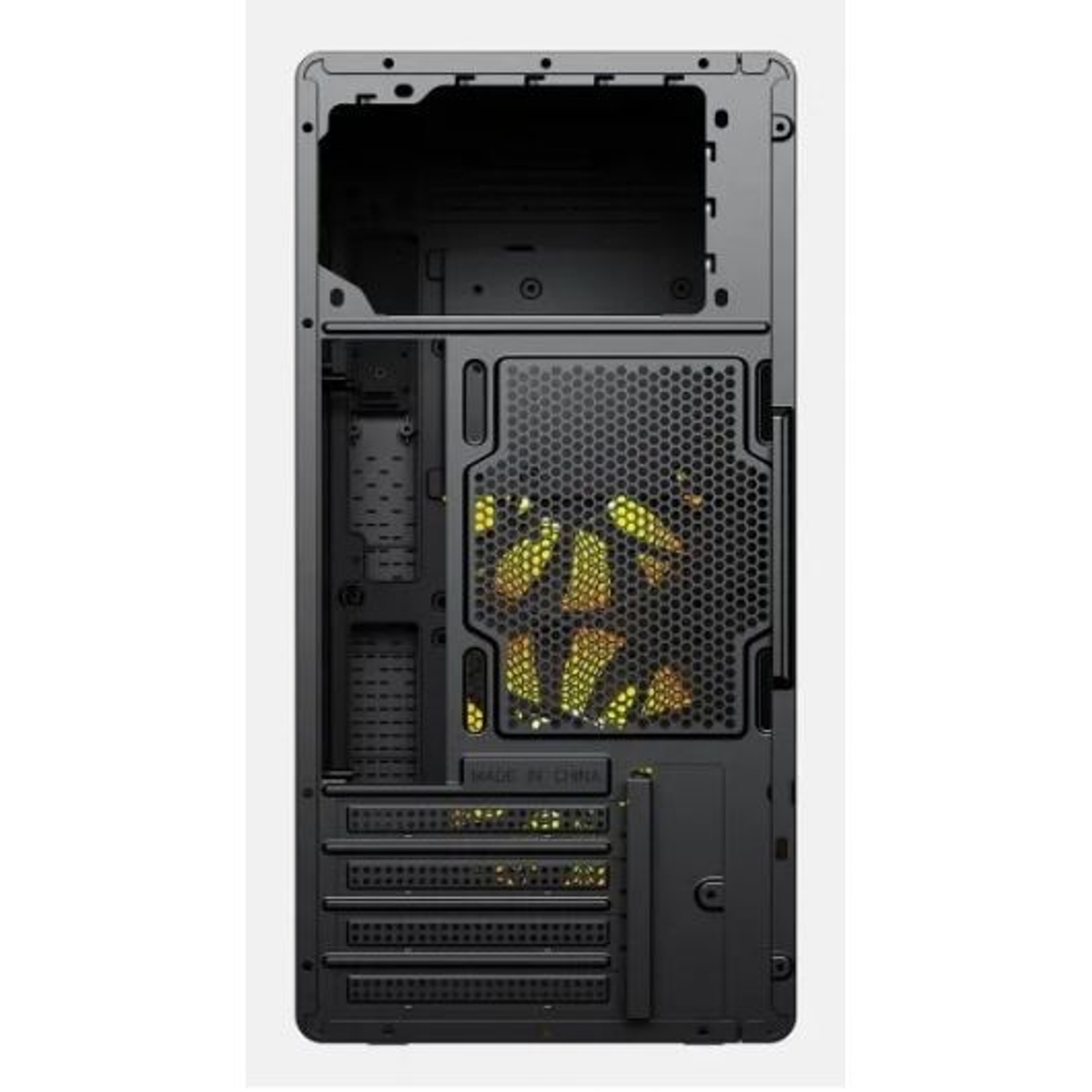 Retro del case nero per computer. Presenta griglia, fessure e scritta 'Made in China'. Componenti interni illuminati di giallo visibili.