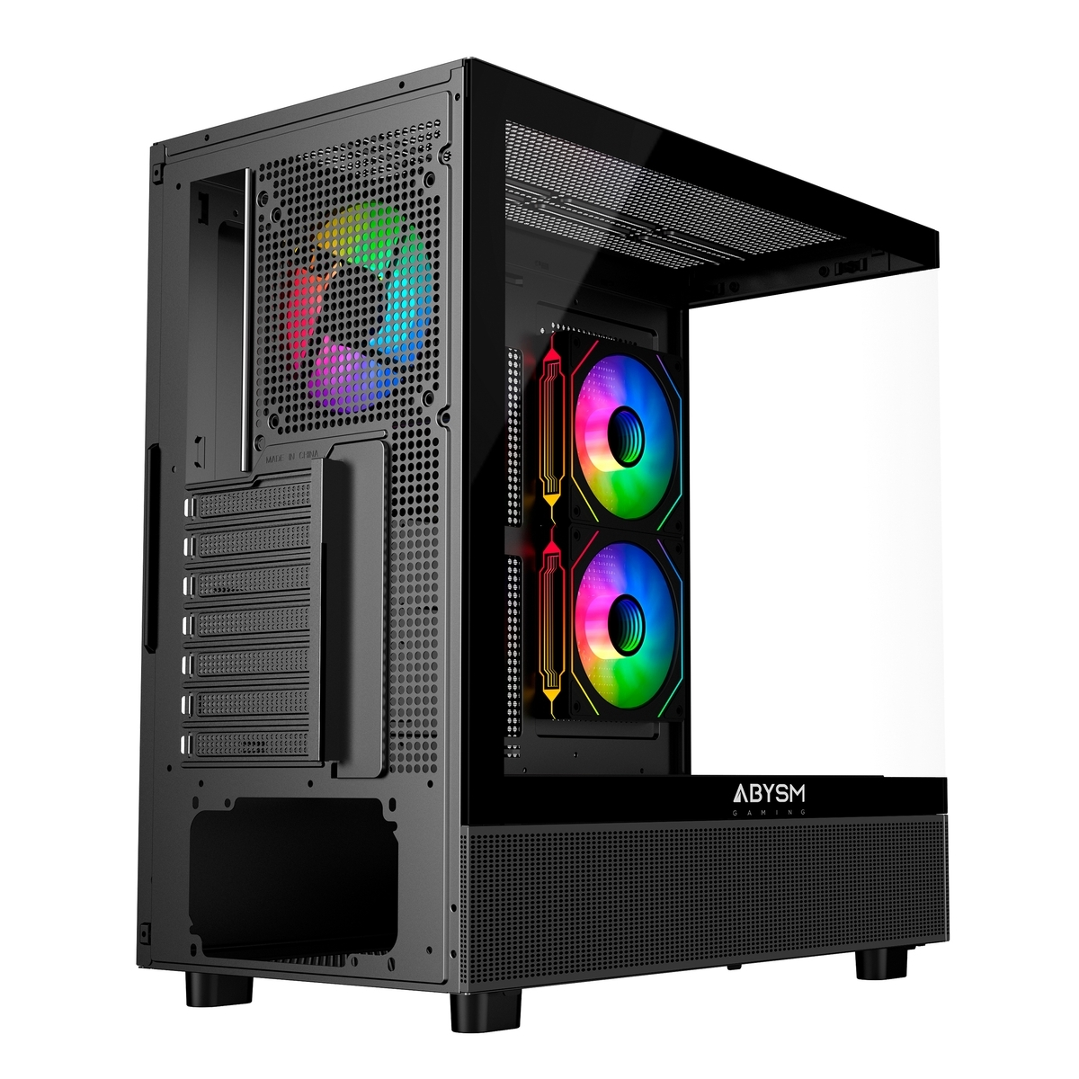Una caja de PC negra con un lateral transparente. Tiene ventiladores LED de colores. El frente tiene un diseño de malla con el logo 'ABYSM Gaming'.