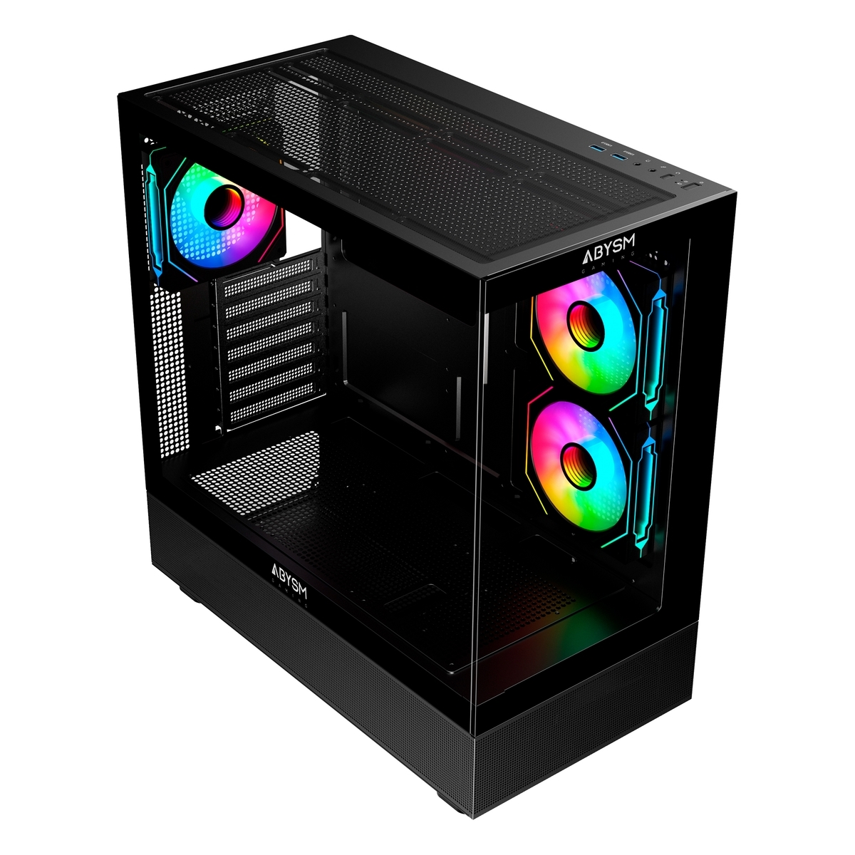 Caja de ordenador negra con panel lateral de vidrio. Tiene ventiladores RGB y la marca 'ABYSM' visible.