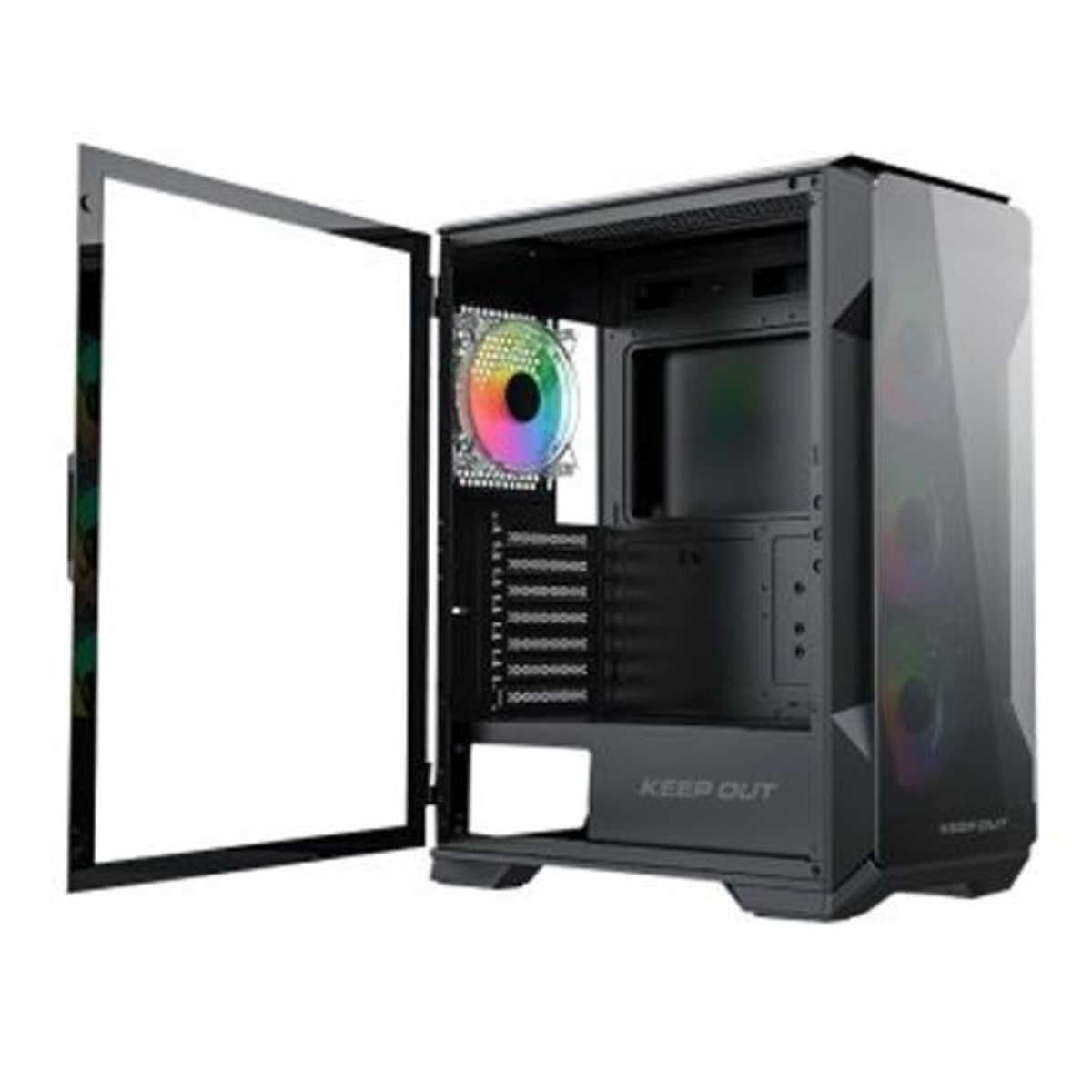 Un case per computer nero è aperto, mostrando i componenti interni. È visibile una ventola multicolore. La porta è aperta a sinistra.
