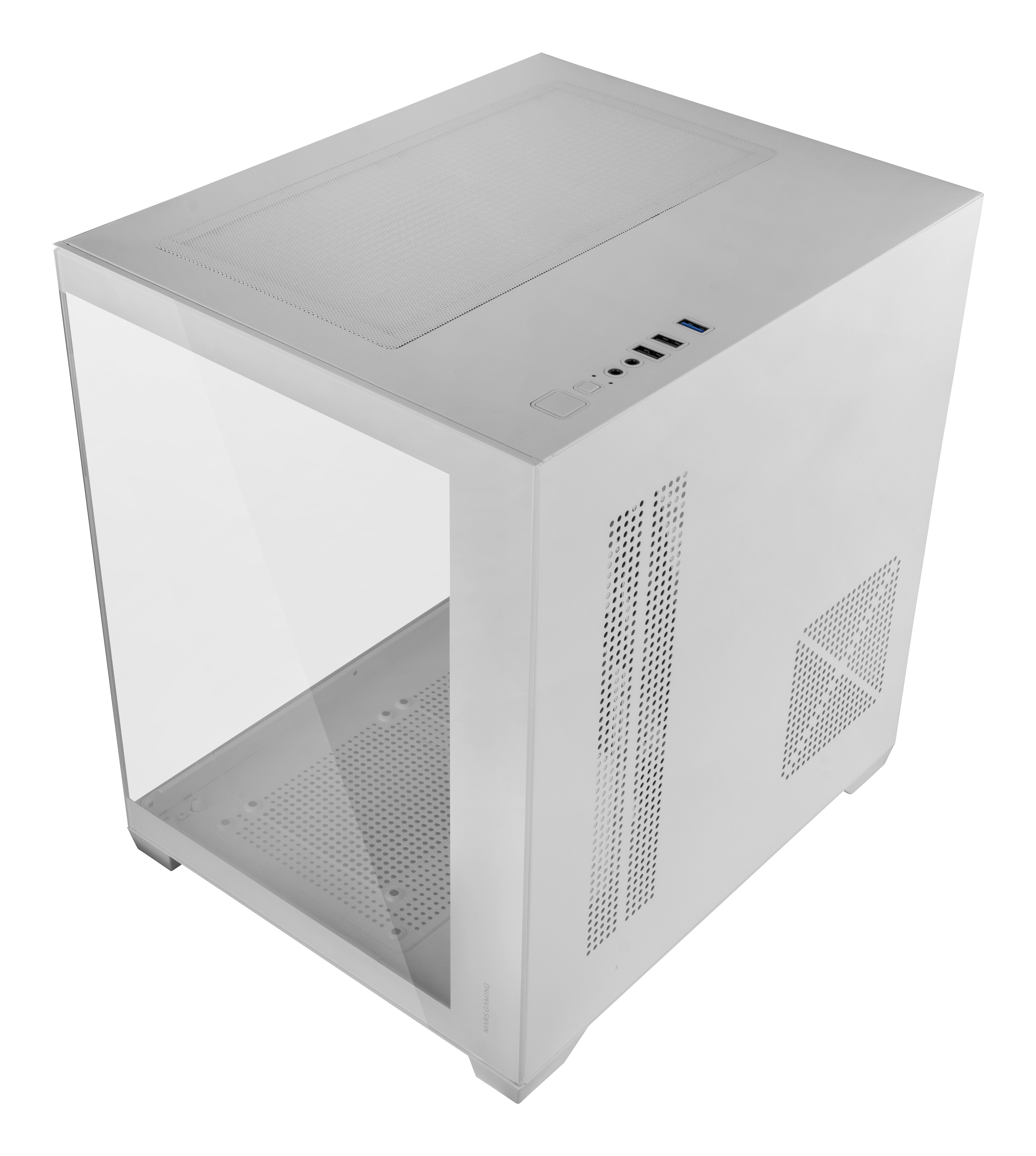 Un case per computer bianco con un pannello laterale in vetro. Ha fori di ventilazione e porte. Il case è su una superficie bianca.