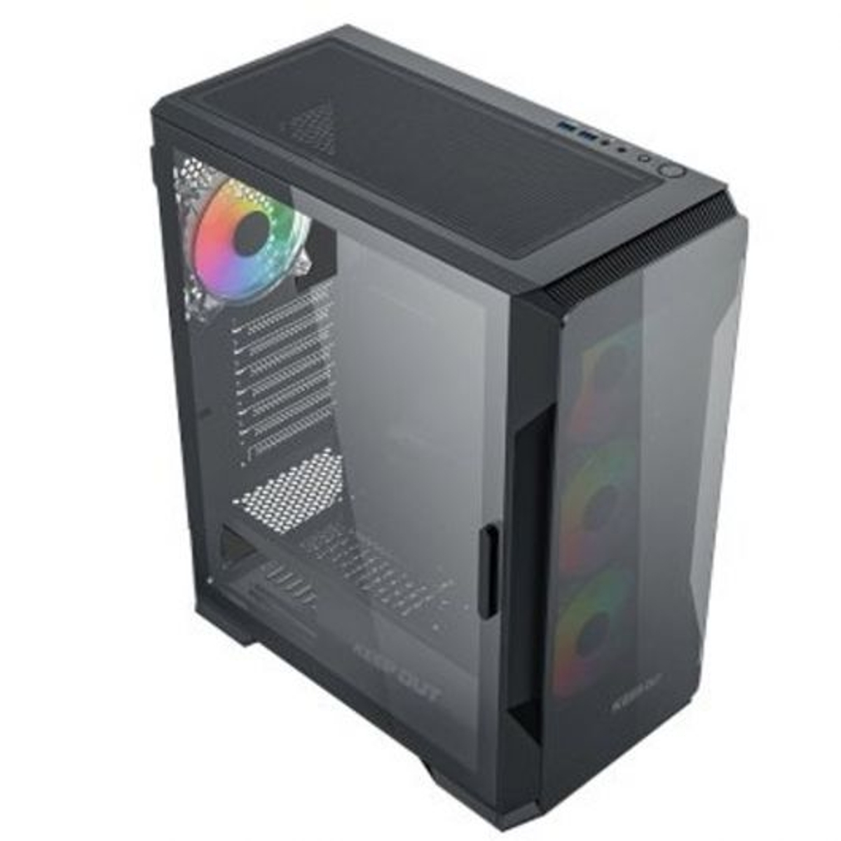 Case per computer nero con pannello laterale trasparente. Include ventole RGB e un top in rete. 'KEEP OUT' è visibile.