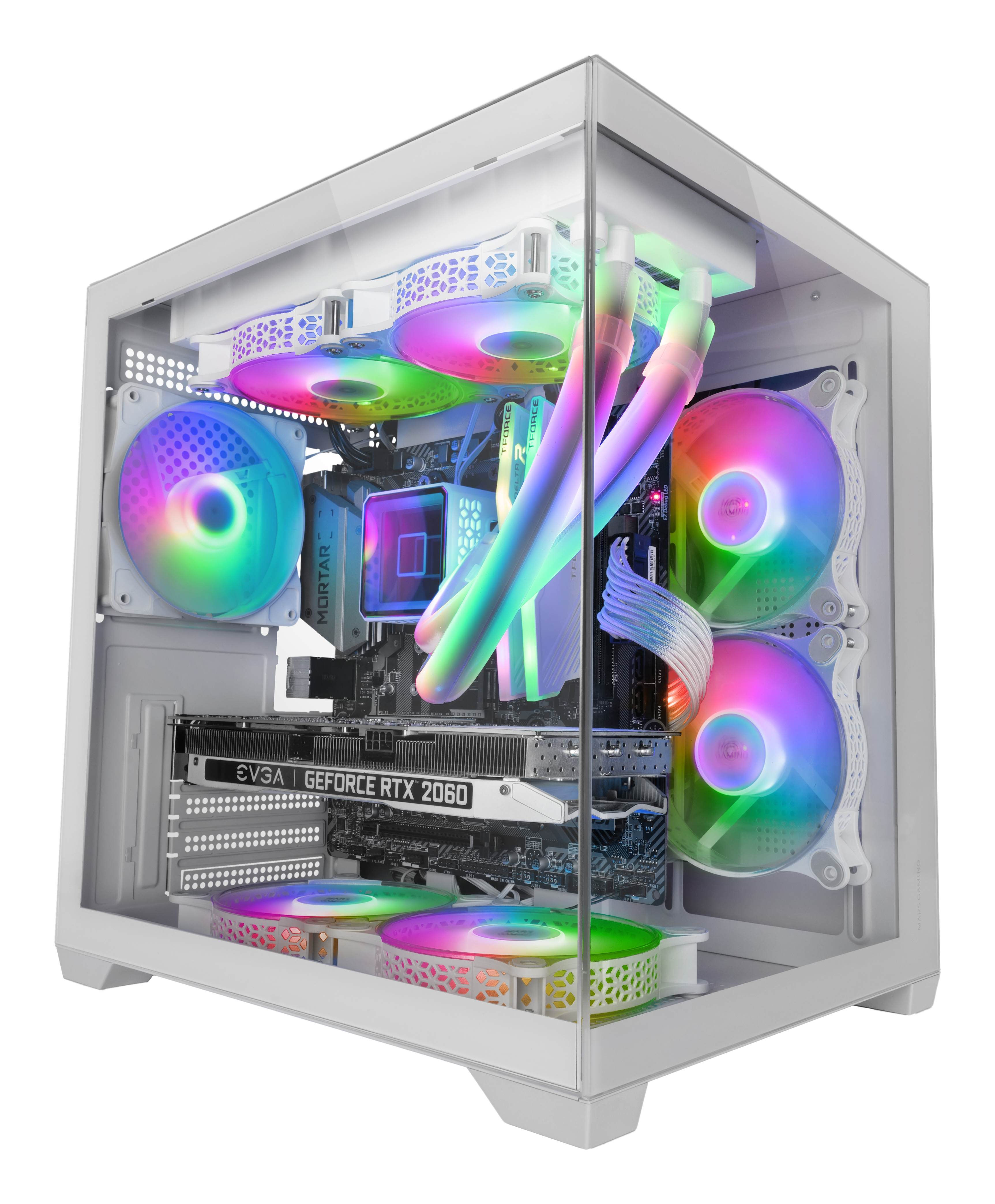 Un case per PC bianco con componenti all'interno, tra cui una scheda grafica, ventole con luci arcobaleno e tubi di raffreddamento a liquido.