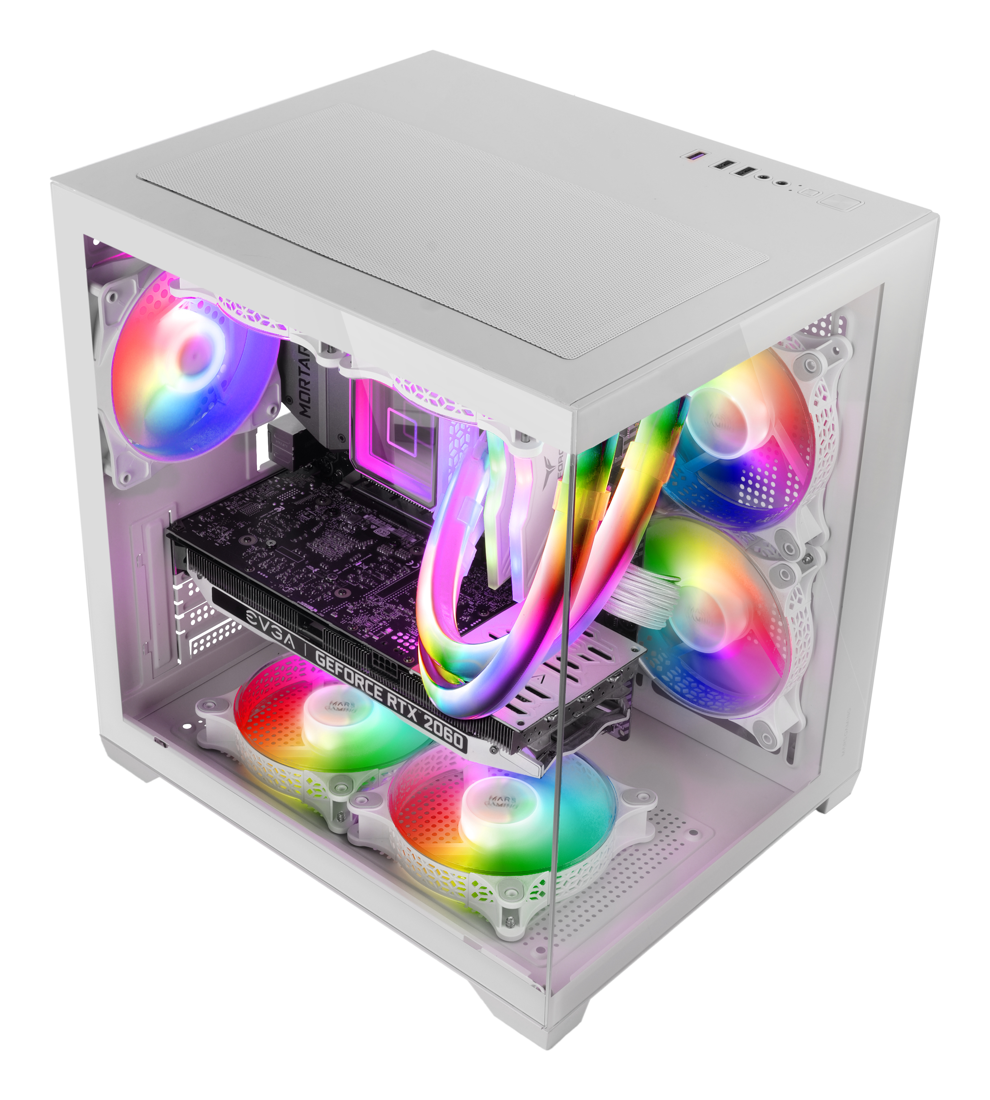 Case del computer bianco con ventole e componenti colorati. La GPU legge EVGA GeForce RTX 2060. Luci arcobaleno.