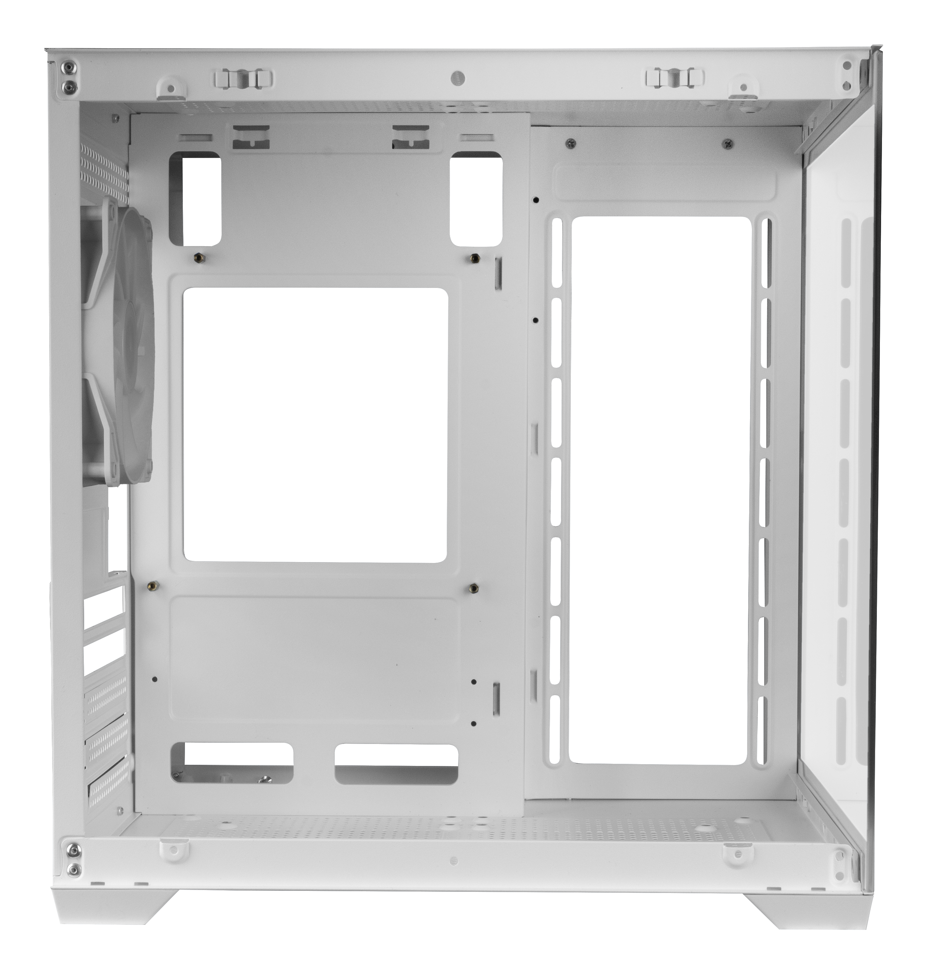 Interno del case del computer bianco con ampie aperture. Include una ventola e hardware di montaggio. Pannello laterale in vetro.