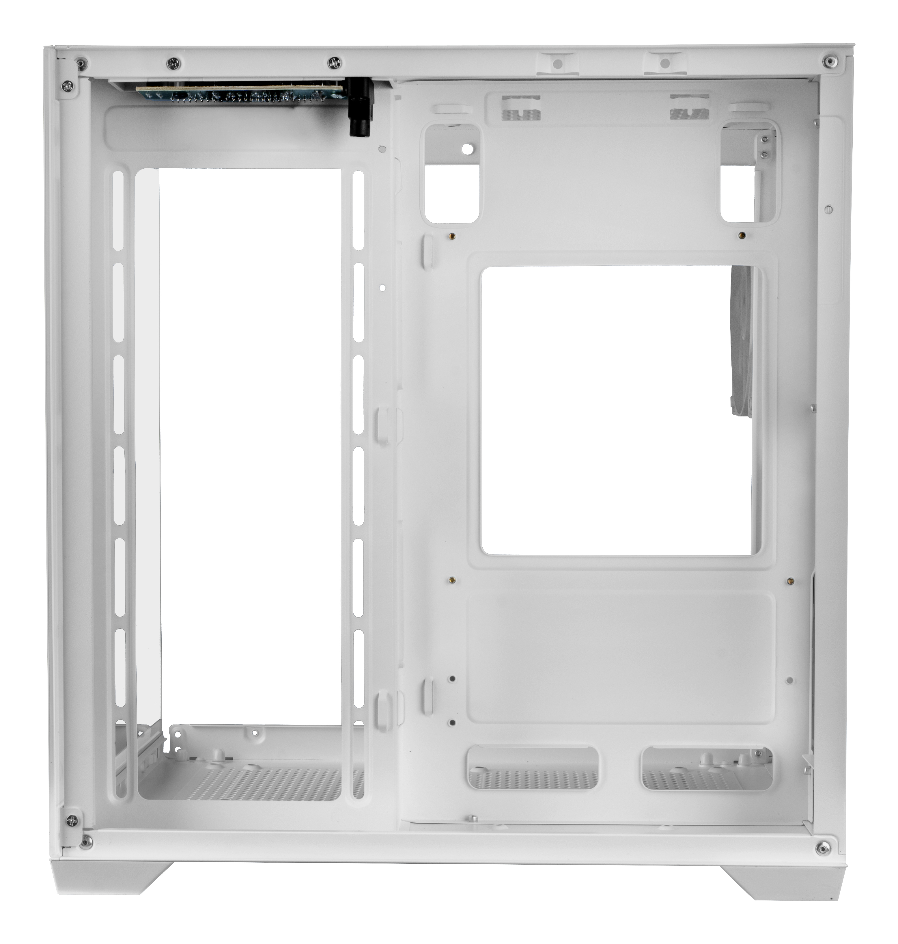 Un case per computer bianco vuoto, che mostra la struttura interna con varie aperture e punti di montaggio, isolato su sfondo bianco.