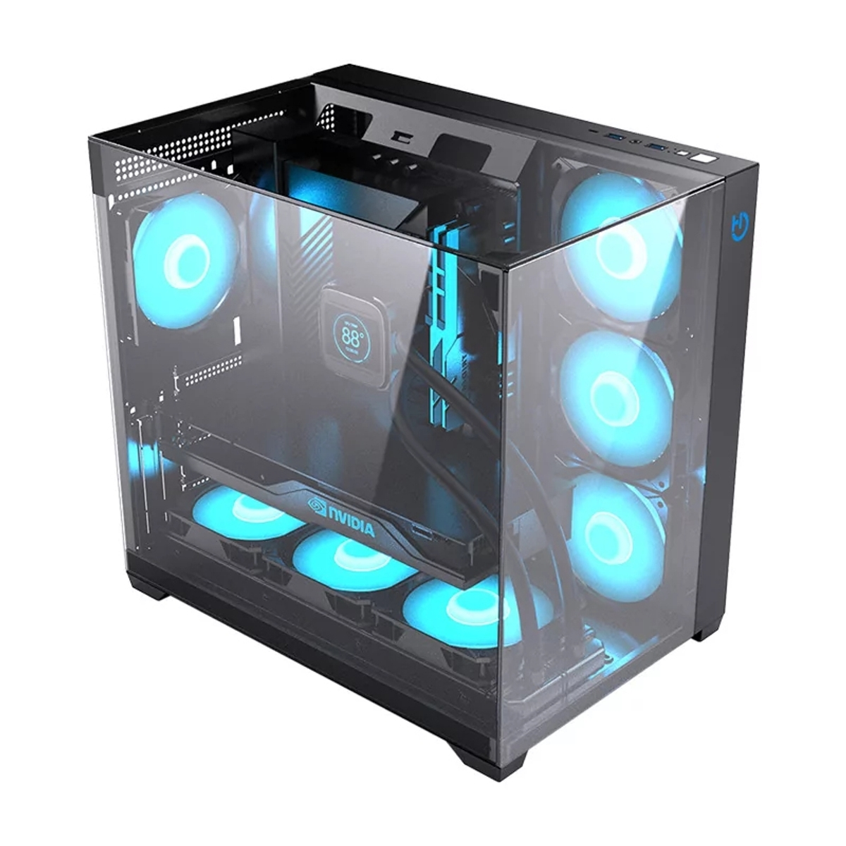 Una caja de ordenador transparente con ventiladores LED azules. Se ven componentes dentro, incluyendo una tarjeta gráfica y un sistema de refrigeración líquida.