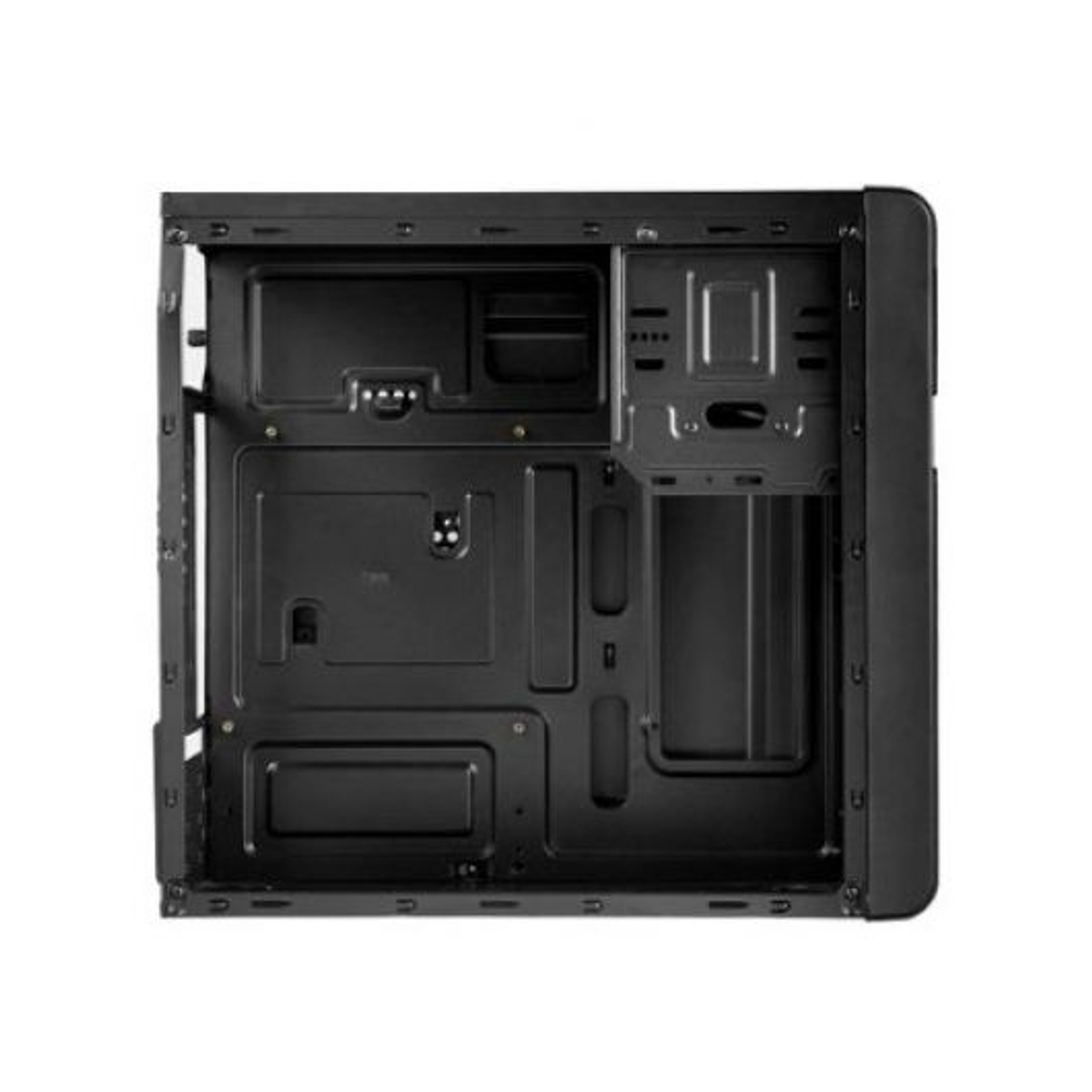 Interior negro de caja de ordenador, vacío con varios compartimentos y puntos de montaje. El lado derecho es redondeado.