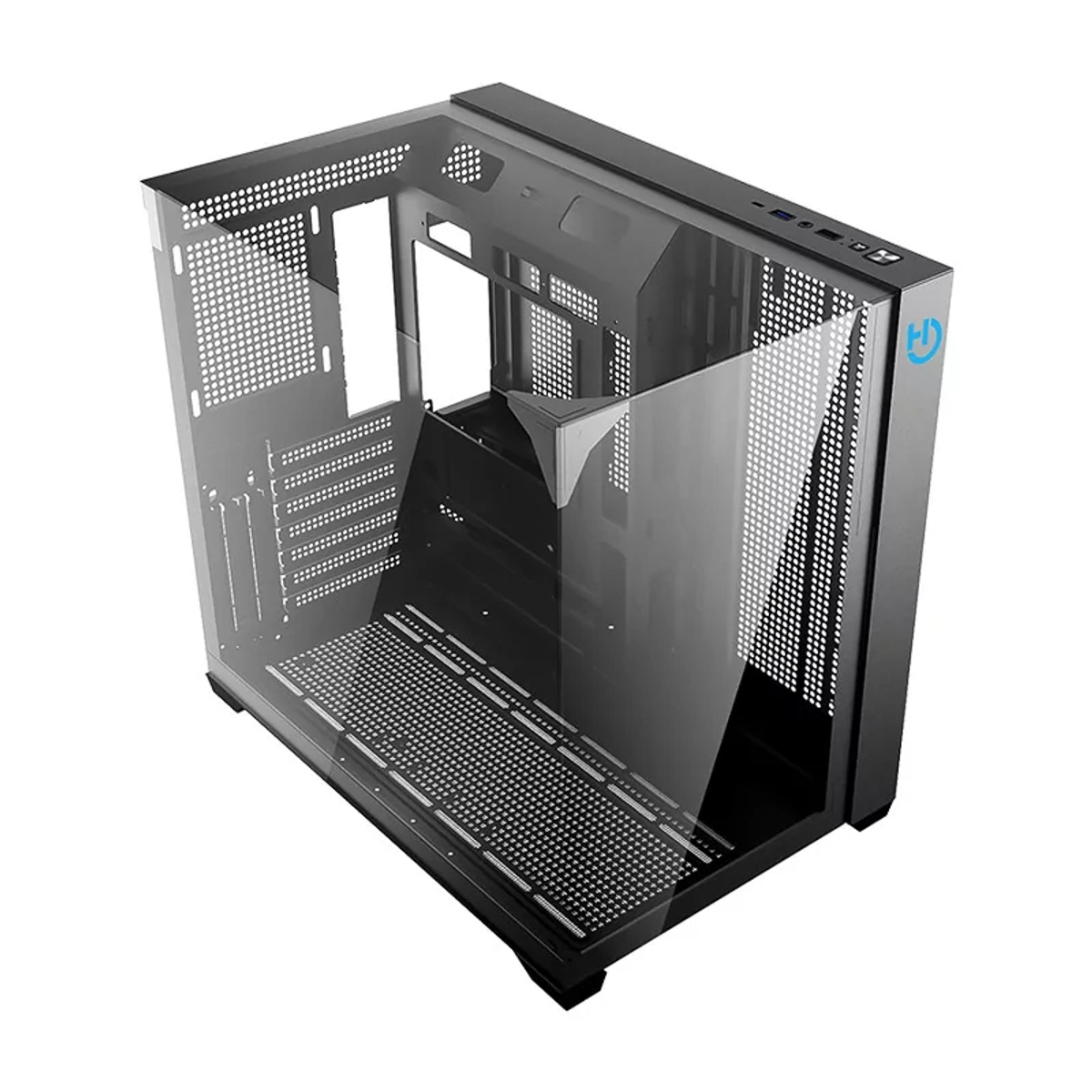 Una carcasa de ordenador con un panel lateral transparente. Es negra, con laterales perforados y un patrón de rejilla en el panel inferior.