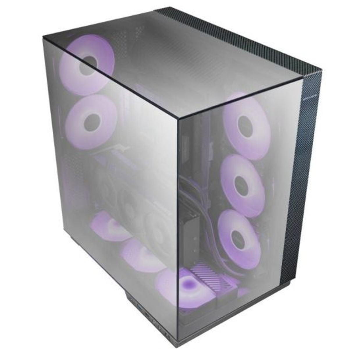 Una caja de ordenador con laterales de cristal. En el interior, se ven ventiladores e componentes iluminados en púrpura. La caja es gris oscuro.