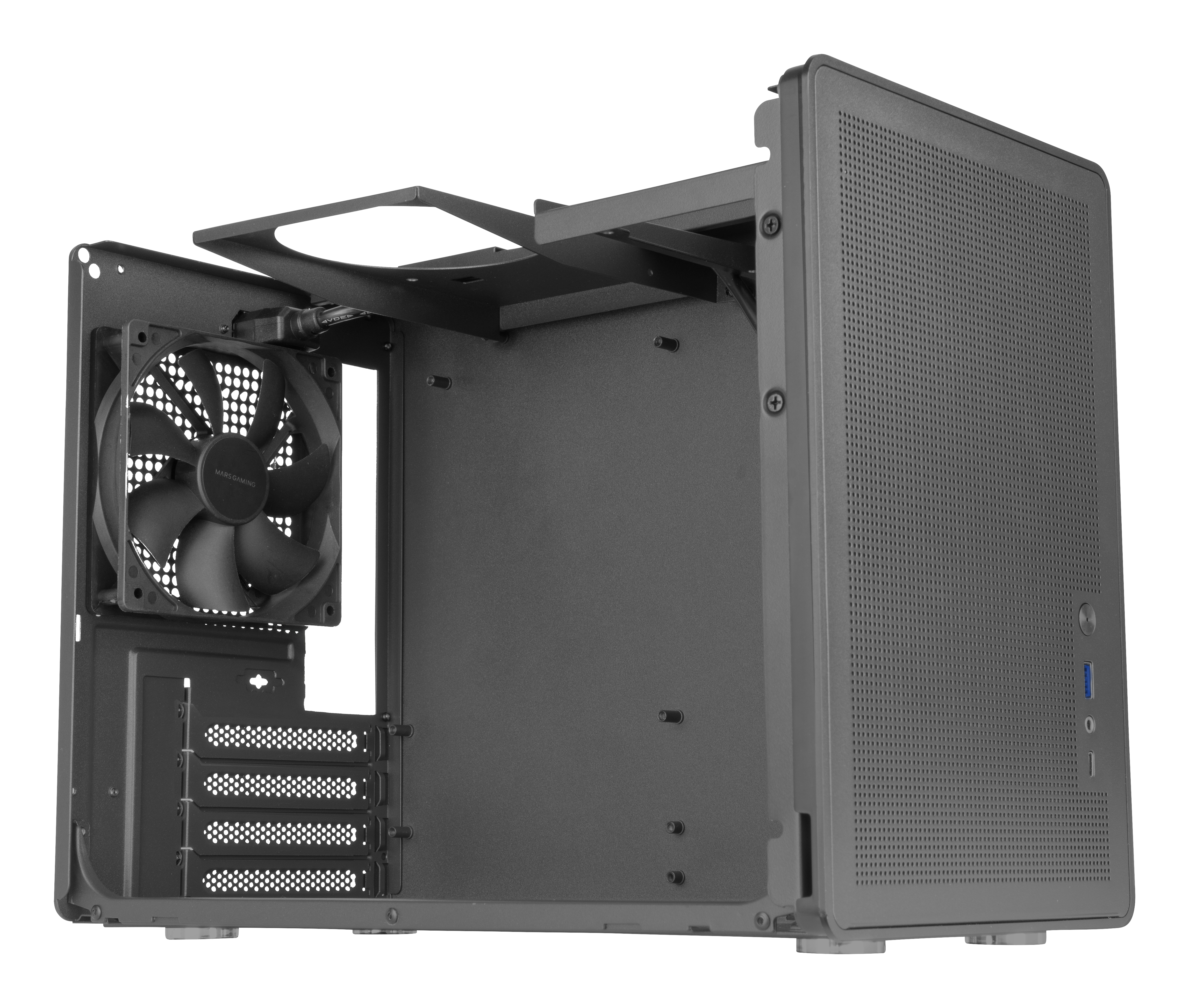 Szara obudowa komputera, otwarta, z wentylatorem i widocznymi elementami wewnętrznymi.