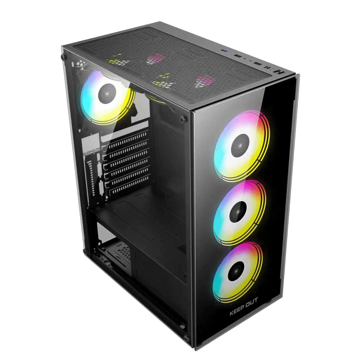 Case per computer nero con pannello in vetro e ventole RGB. La parte superiore ha una rete. Le ventole sono colorate e il case dice KEEP OUT.