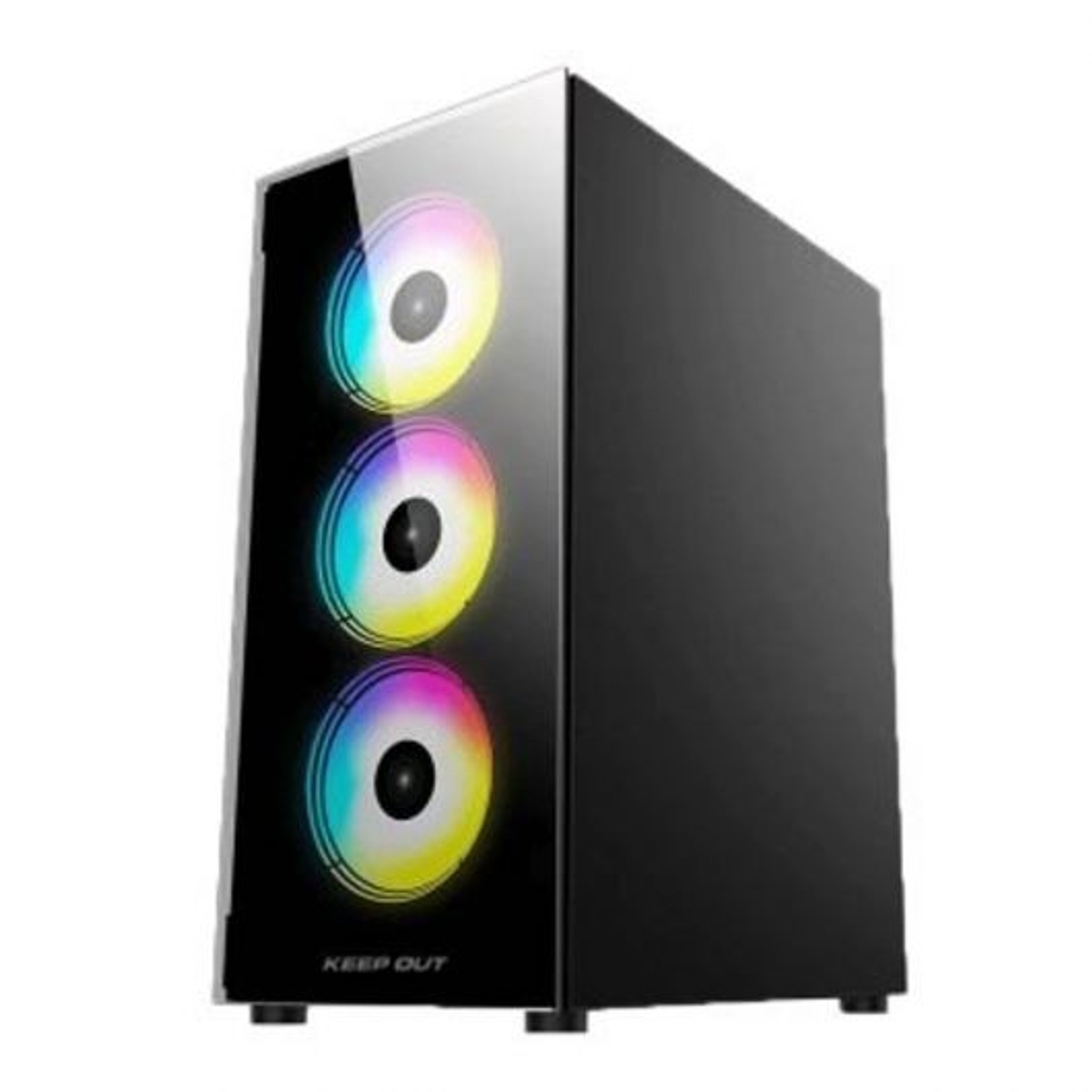 Un case per computer nero con tre ventole illuminate. Le ventole hanno un design circolare e visualizzano un arcobaleno di colori.