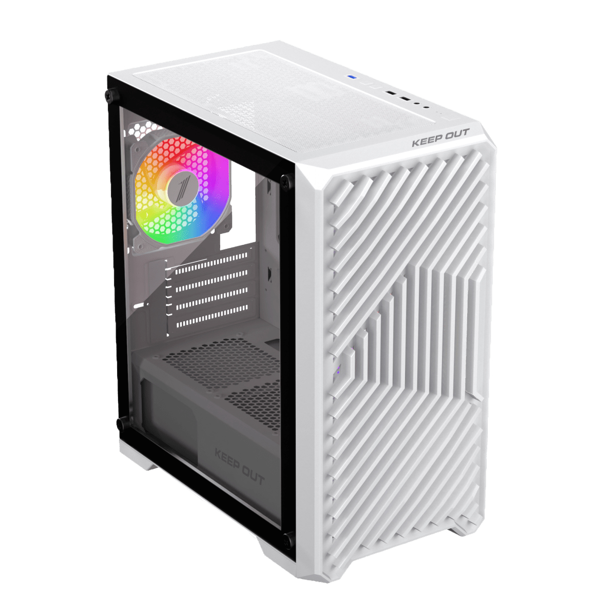Un case per computer bianco con pannello laterale in vetro. È visibile una ventola colorata. Il case ha un design geometrico e il testo 'KEEP OUT'.