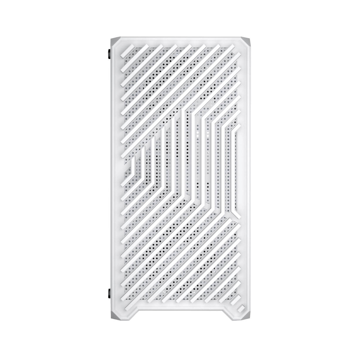 Pannello bianco rettangolare del case del computer con linee diagonali e piccoli fori per la ventilazione, su sfondo bianco.