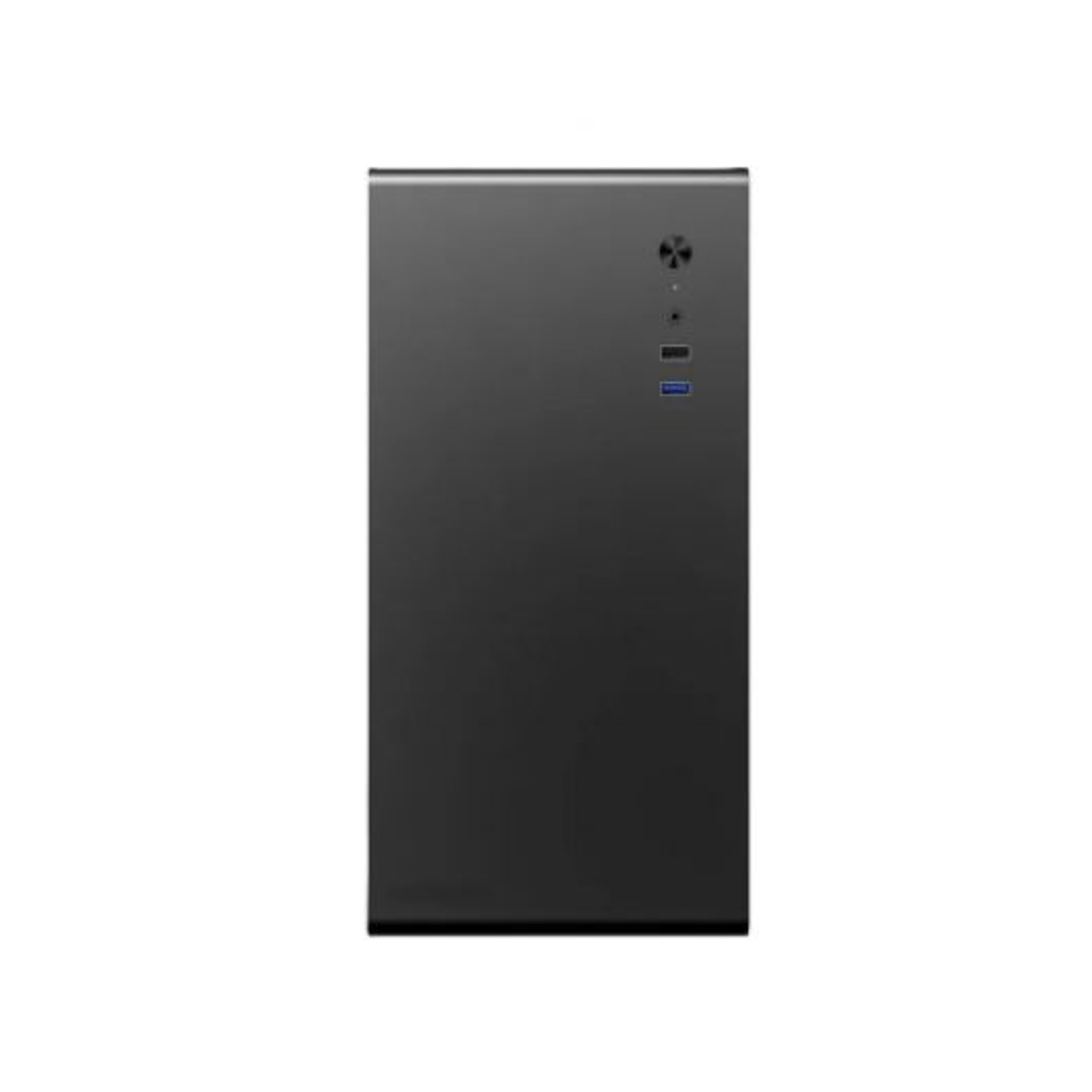 Una torre de computadora negra contra un fondo blanco. Tiene algunos puertos y un botón de encendido en el panel frontal.