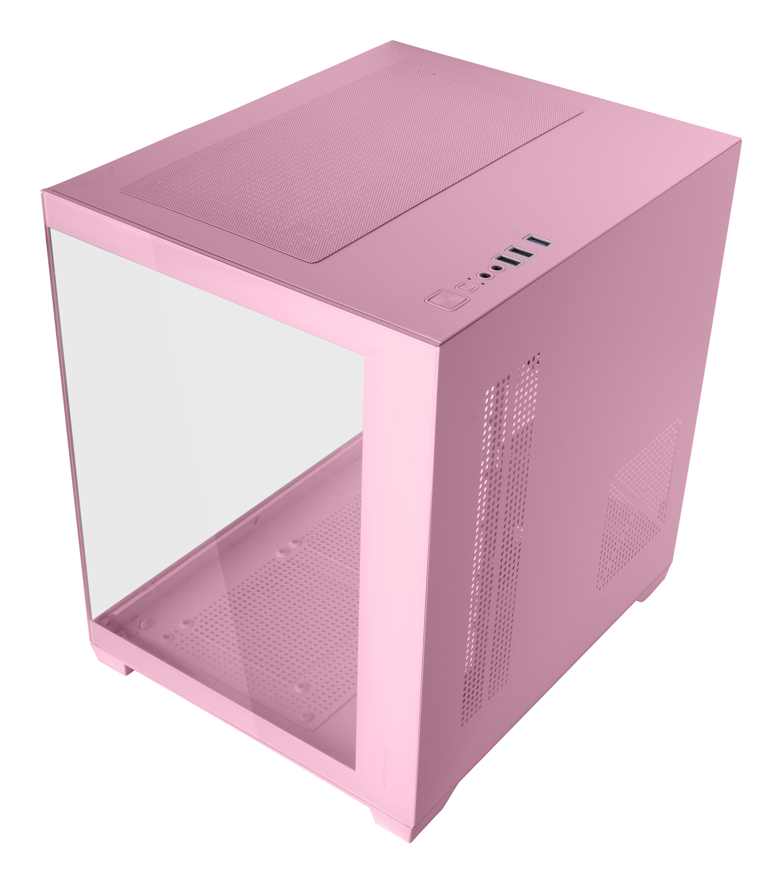 Case per computer rosa con pannello laterale in vetro, prese d'aria e porte. Design moderno ed elegante su sfondo bianco.