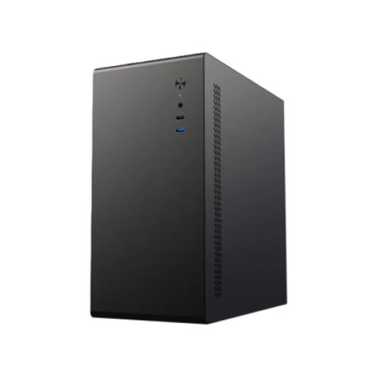 Una caja de computadora negra se encuentra en posición vertical sobre un fondo blanco. Tiene un botón de encendido y otros botones pequeños. El lado tiene ventilación.