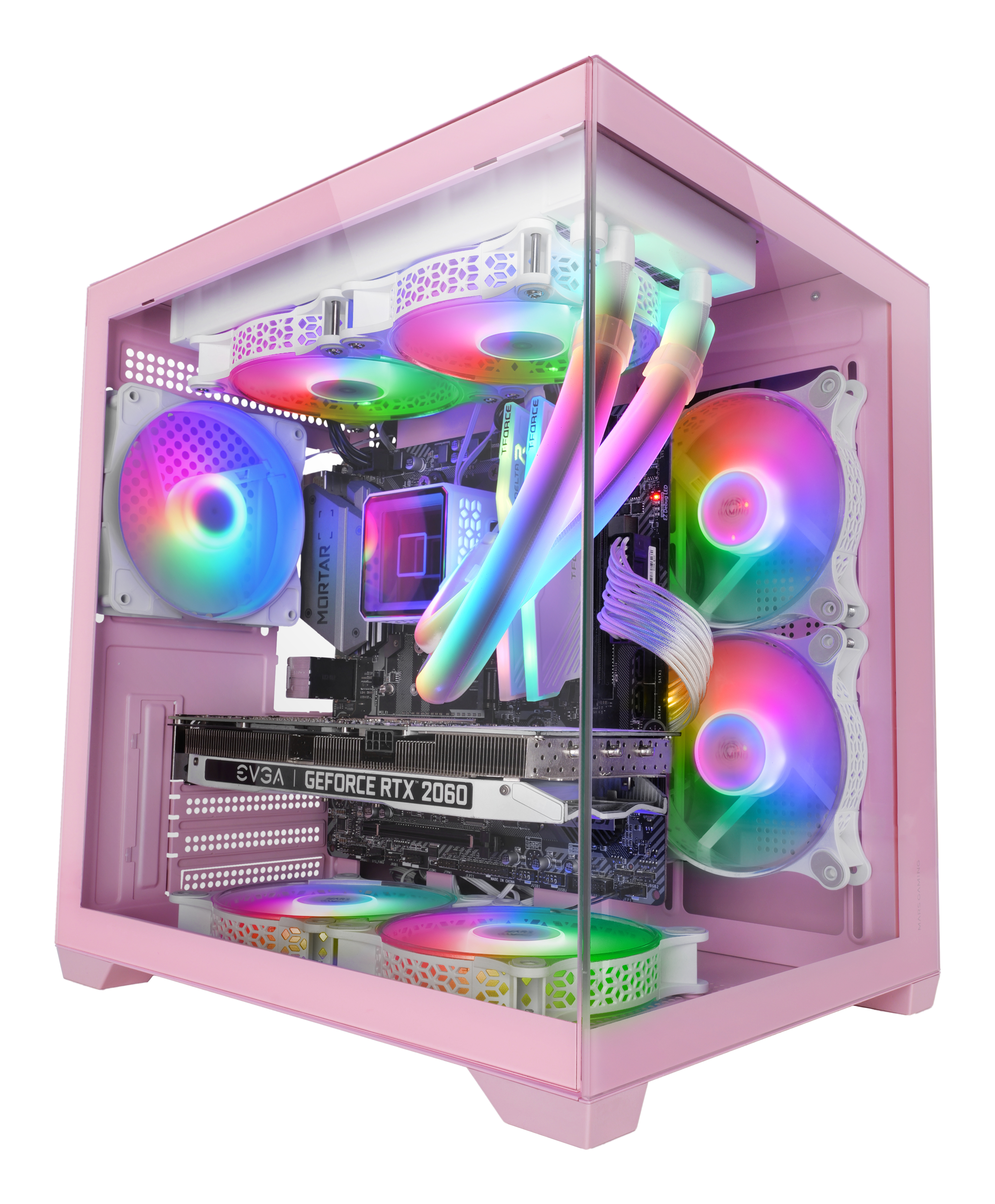 Case per computer rosa con pannello laterale in vetro, che mostra componenti interni con ventole LED colorate e una scheda grafica.