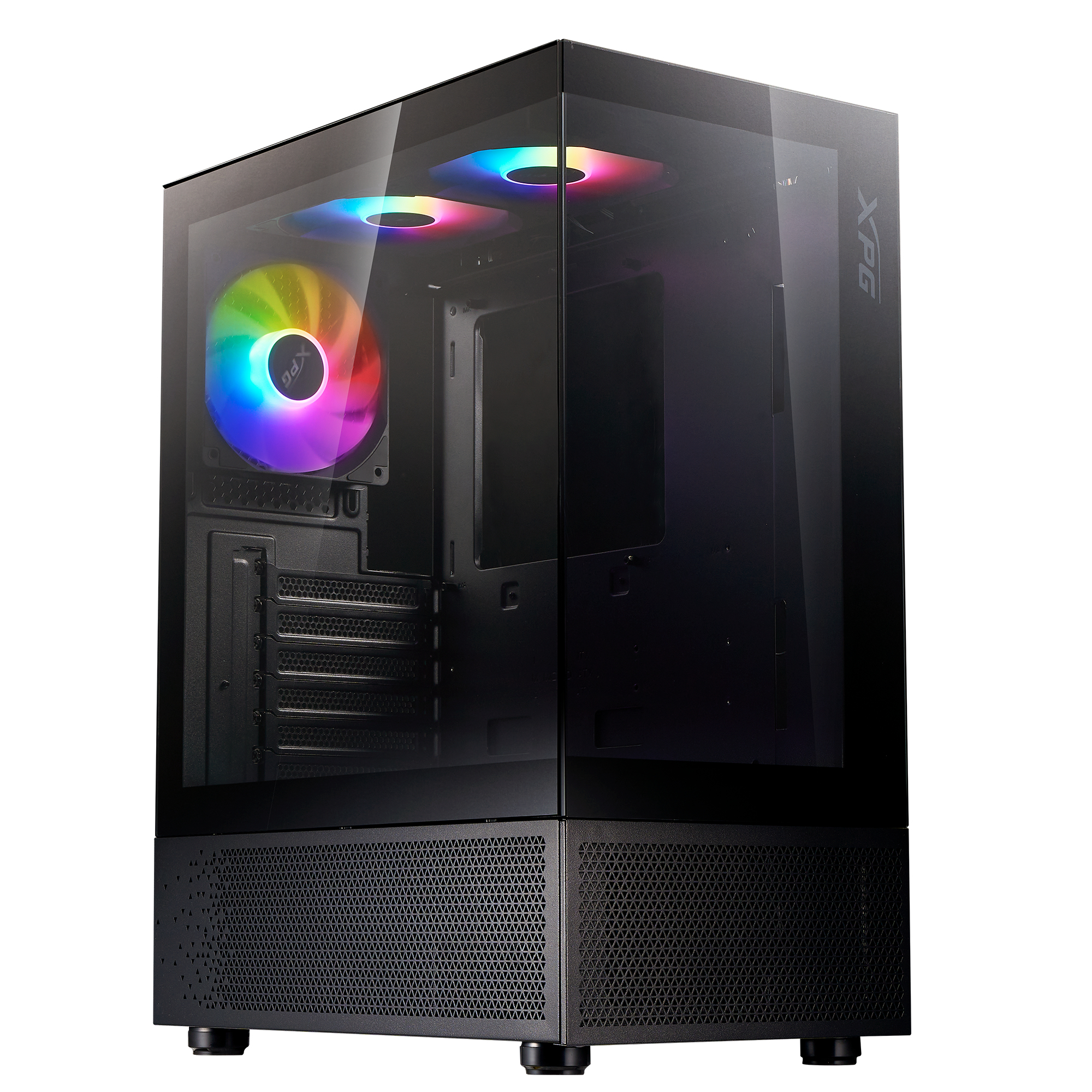 Case PC nero con lato in vetro. Interno visibile con ventole e componenti. Illuminazione RGB. Logo XPG.