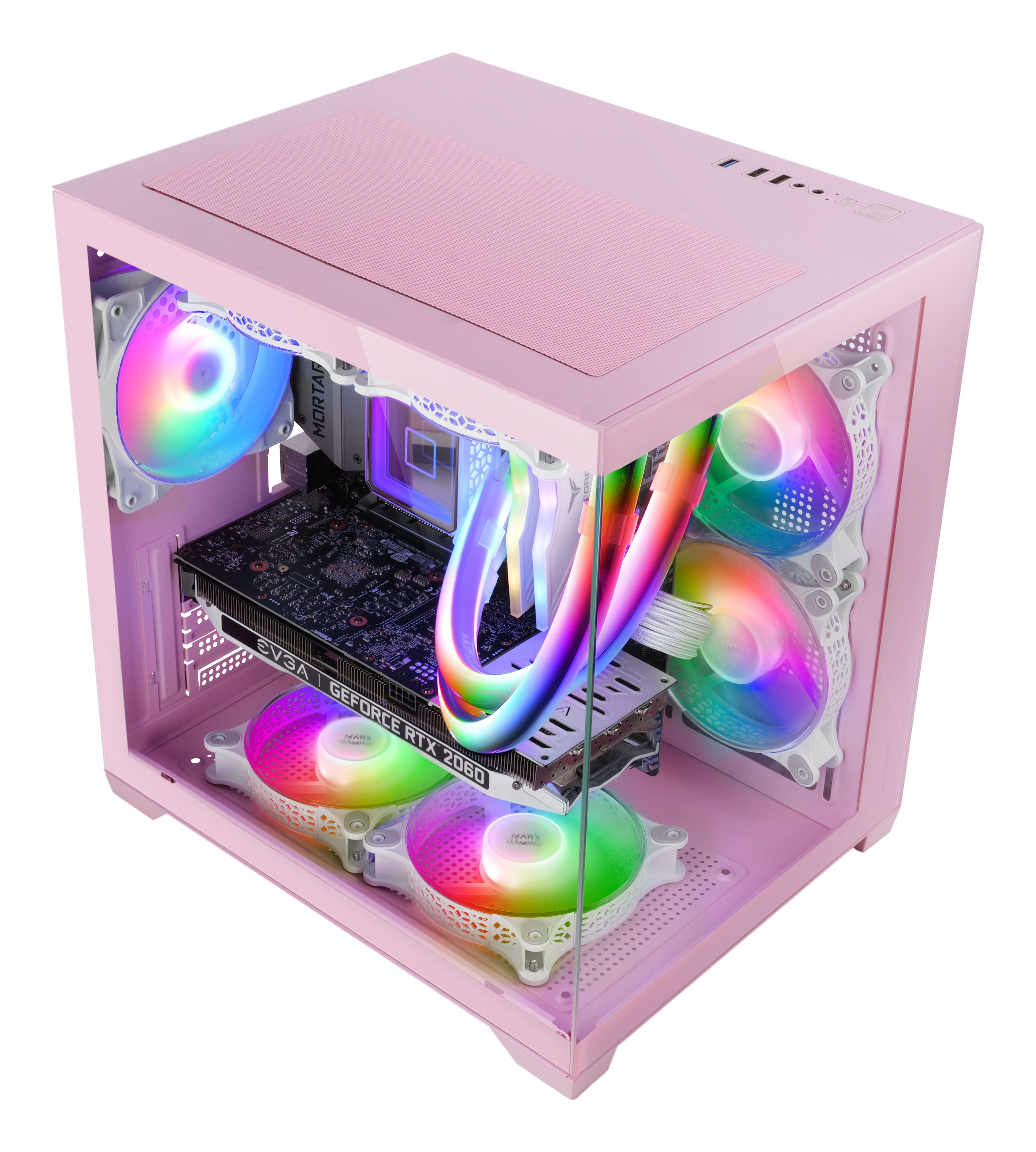 Case PC rosa con componenti interni: scheda grafica, ventole con luci arcobaleno. Pannello laterale in vetro.