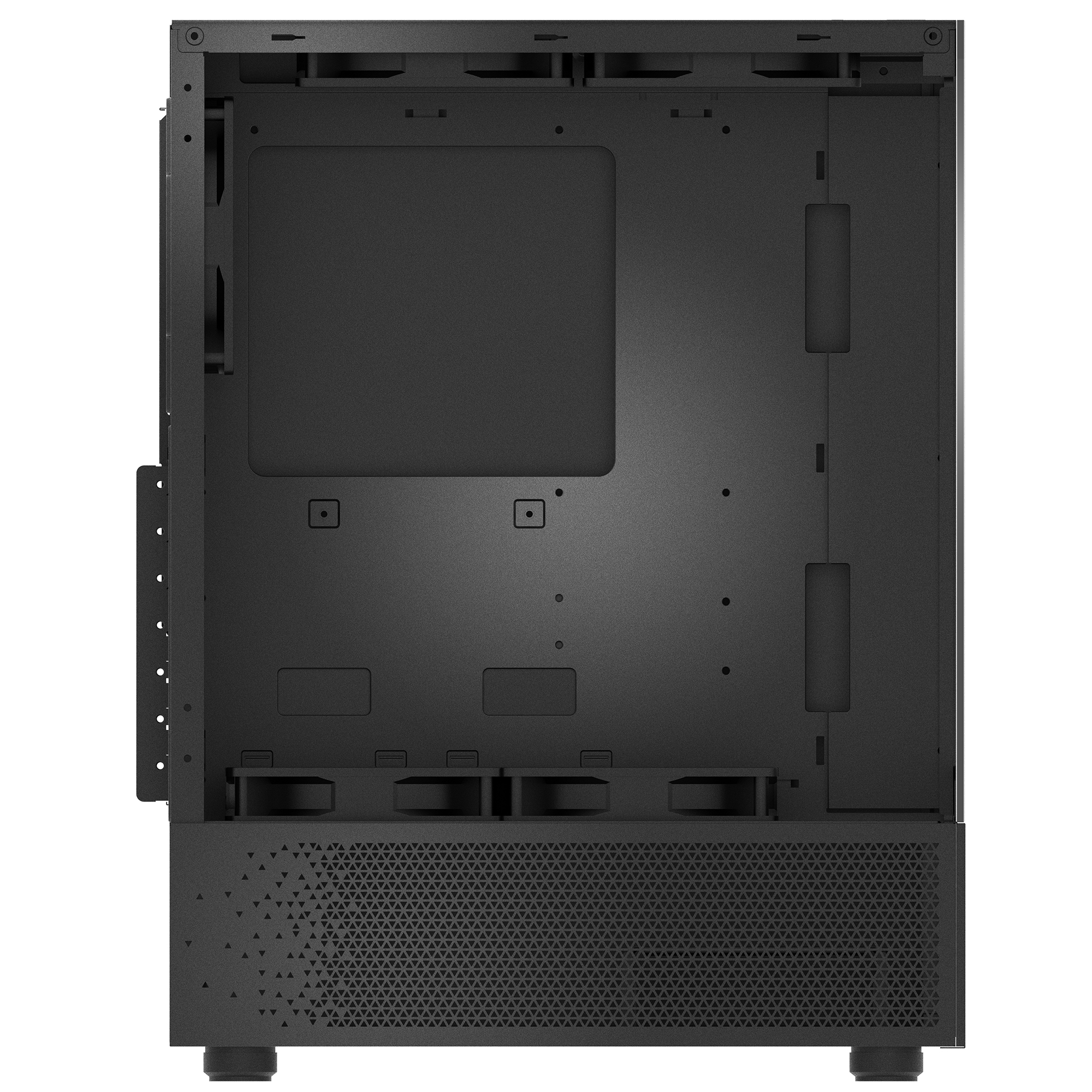 Interno di un case per computer aperto, nero. Include supporti per ventole e varie aperture per i componenti. Il fondo ha una griglia.
