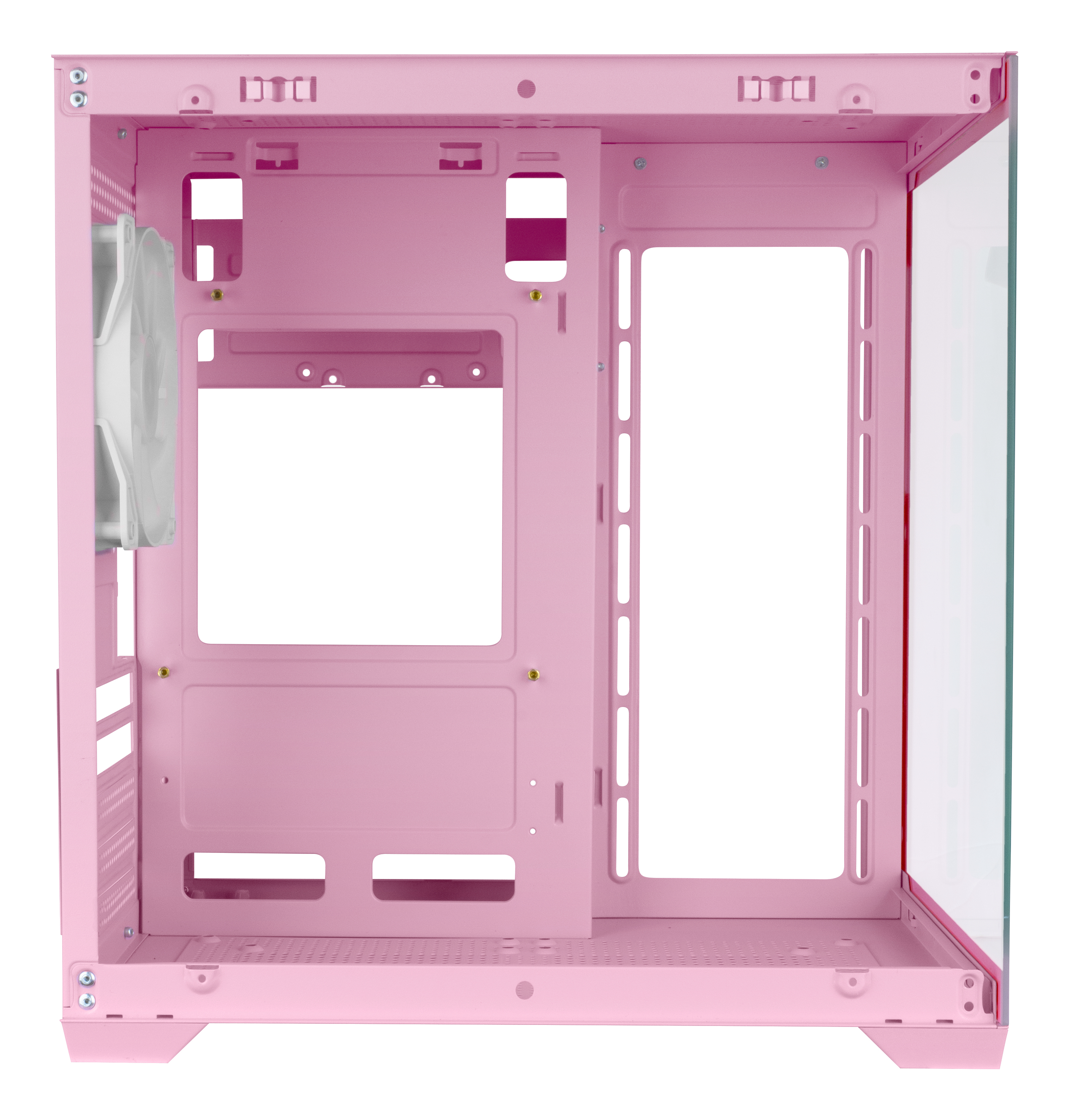 Case per computer rosa con pannello laterale trasparente. L'interno è visibile, con spazi vuoti per i componenti.