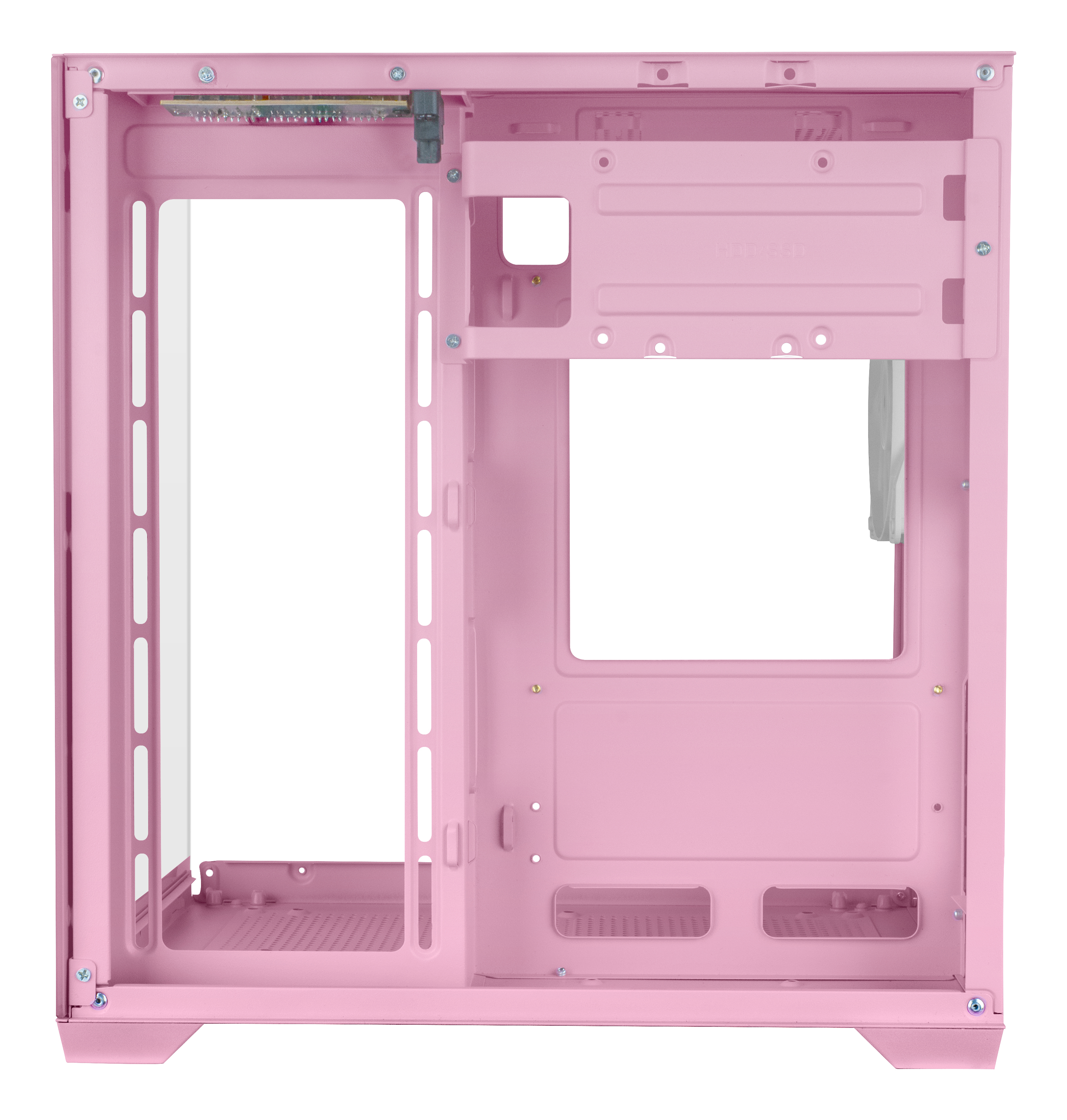 Interno di un case per computer rosa con pannello laterale in vetro. Caratteristiche: telaio aperto, dettagli a vite e scomparti.