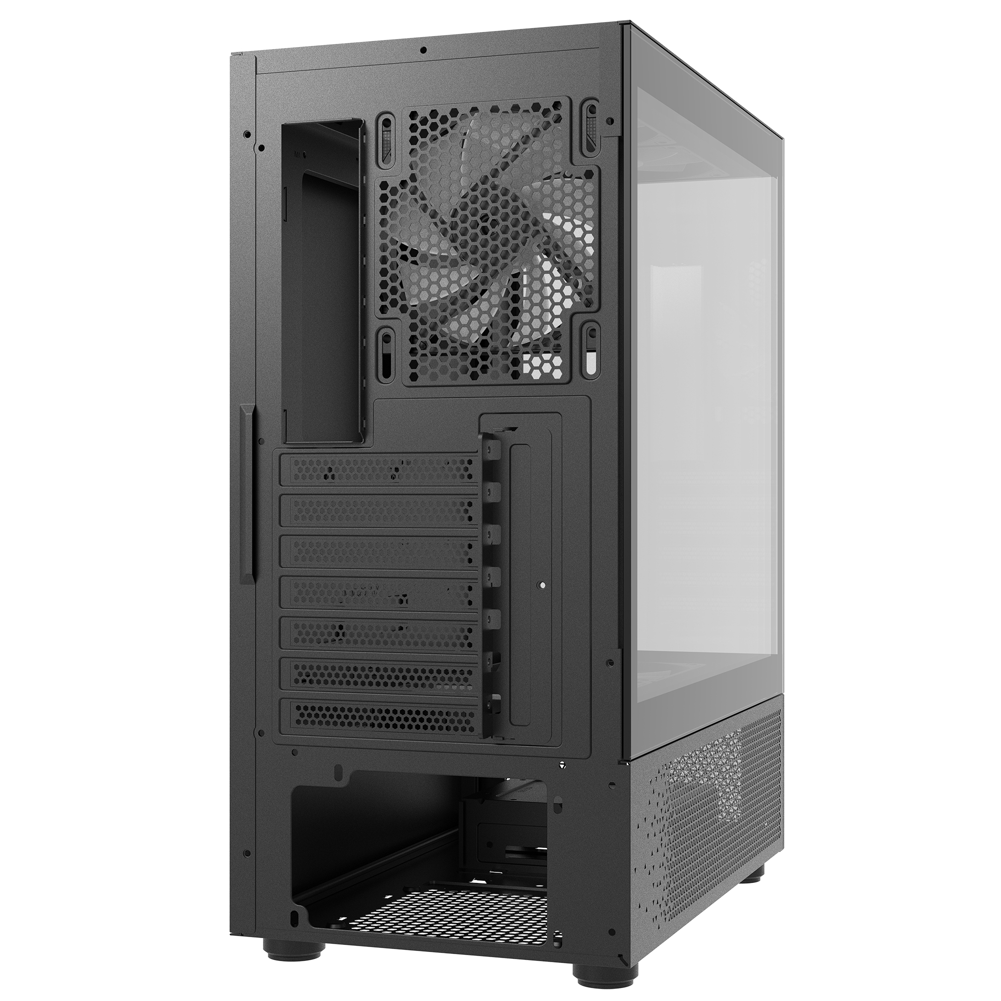Un case per computer nero con pannello laterale in vetro. Ha una ventola sul retro e varie aperture per i componenti.