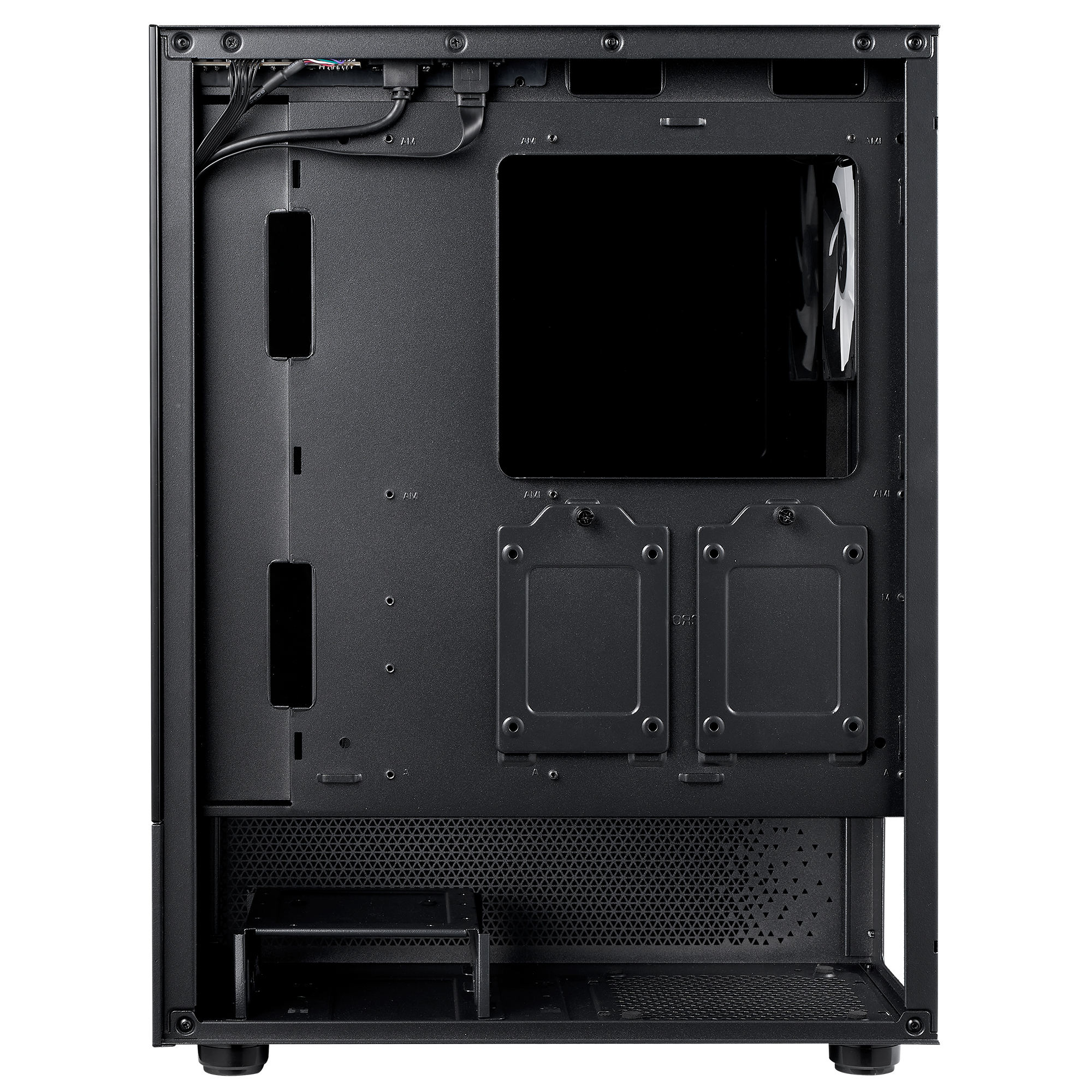 Vista interna di un case per computer nero. Presenta vari scomparti e aperture per i componenti.