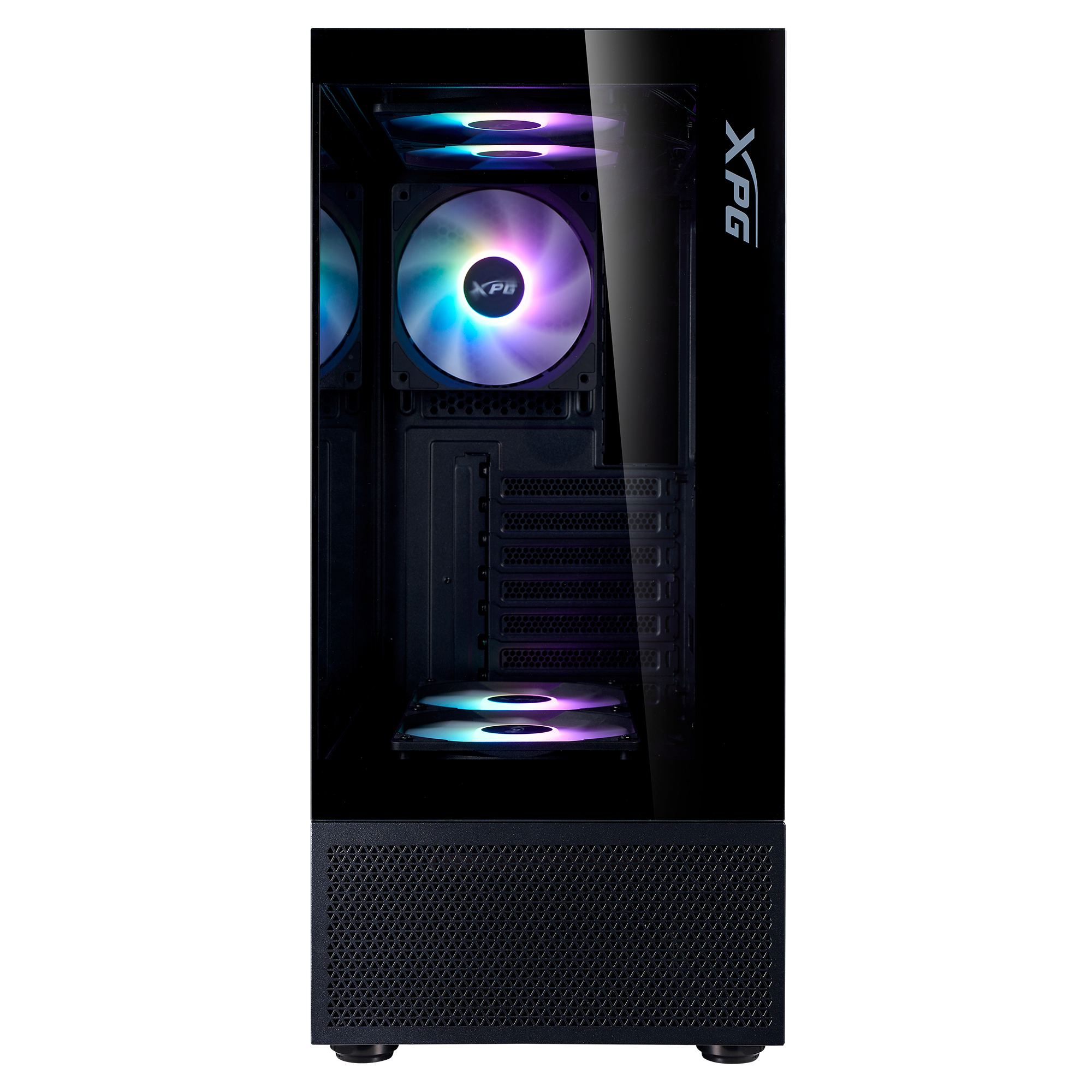 Case per computer XPG nero con ventole illuminate da luci colorate. Il case ha un frontale in vetro.