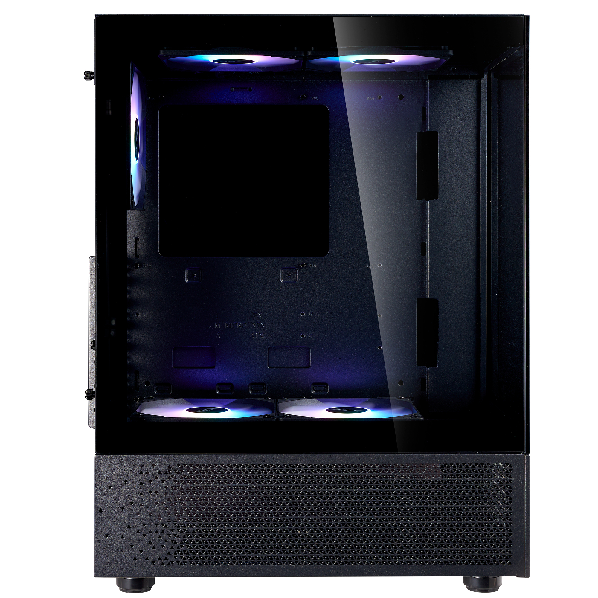 Un case per computer nero con un frontale in vetro. Ha ventole con luci colorate all'interno. Il frontale presenta un design a rete.