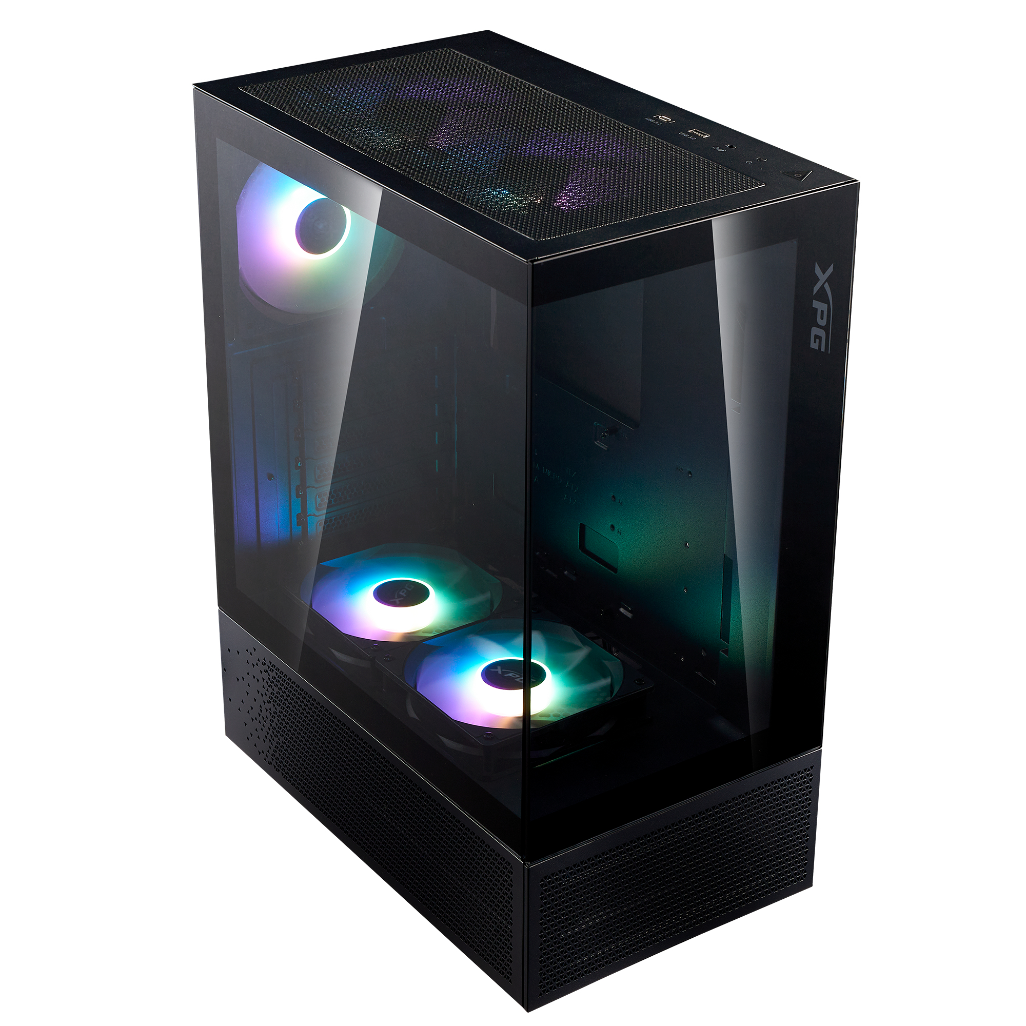 Case PC nero con pannelli in vetro, ventole RGB. Logo XPG visibile. Il case è su sfondo bianco.
