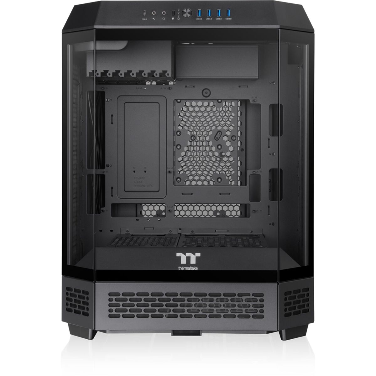 Czarna obudowa komputera Thermaltake z szklanymi panelami. Posiada wiele portów, wzór plastra miodu i logo Thermaltake.