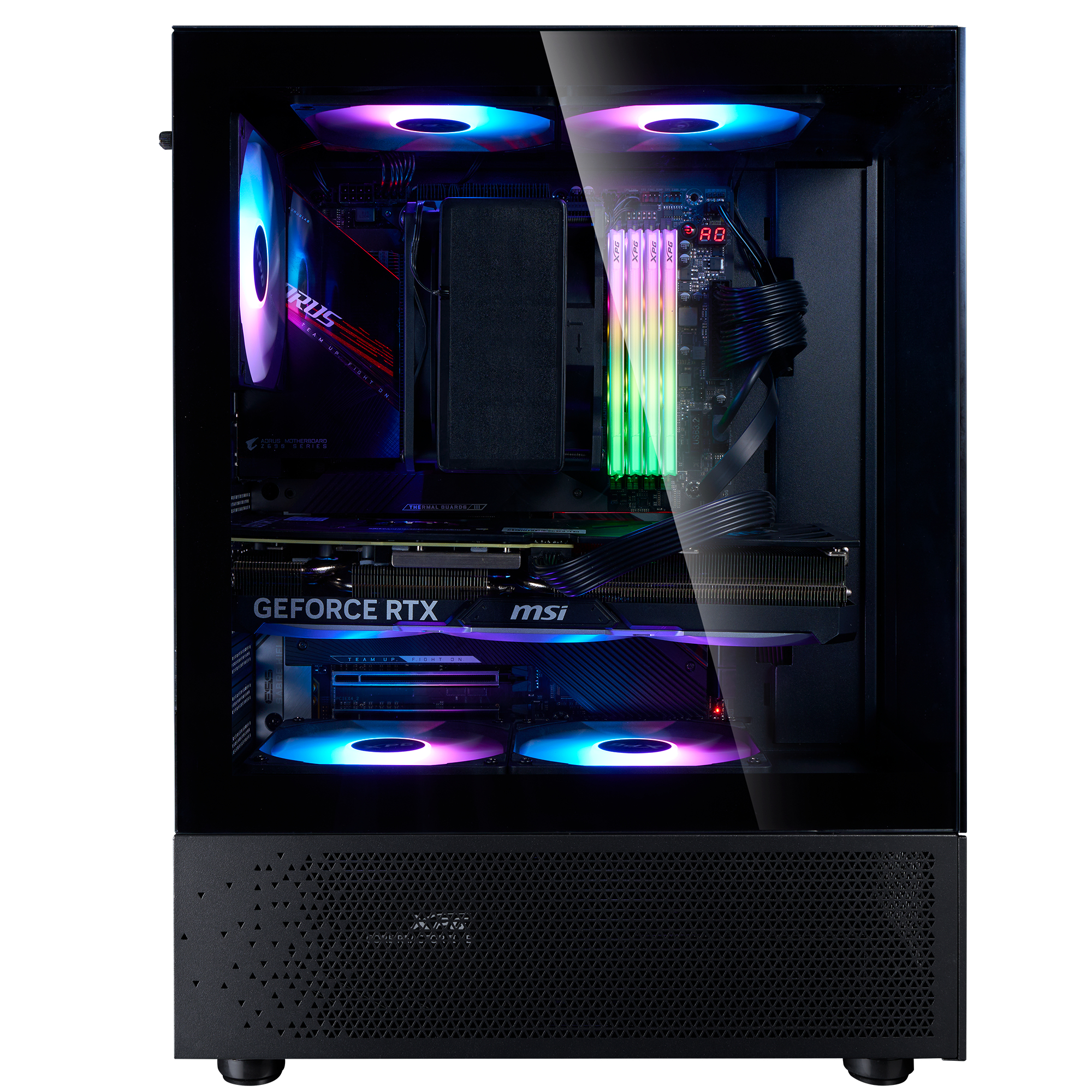 Un case per computer con componenti visibili attraverso il vetro. Include scheda grafica, ventole e RAM illuminata.
