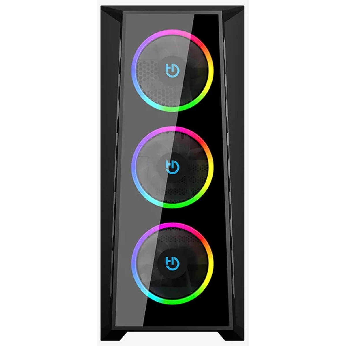 Case per computer nero con tre ventole LED che mostrano colori arcobaleno. Ogni ventola ha un logo. Il case ha un frontale in vetro.