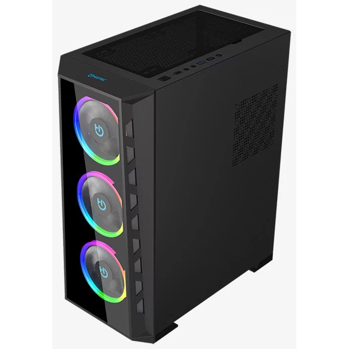Un case per computer nero con tre ventole illuminate, un pannello laterale trasparente e una parte superiore a rete.