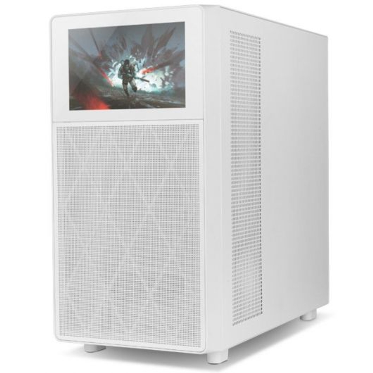 Case per computer bianco con schermo che mostra una scena di gioco. La parte anteriore ha un motivo geometrico. Il lato ha una ventilazione.