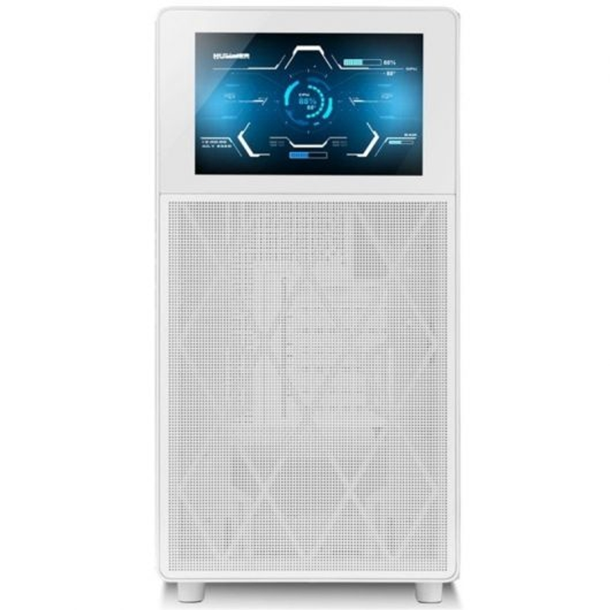 Un case per computer bianco con uno schermo che mostra le informazioni di sistema. Il case ha un pannello frontale a rete e un display digitale.