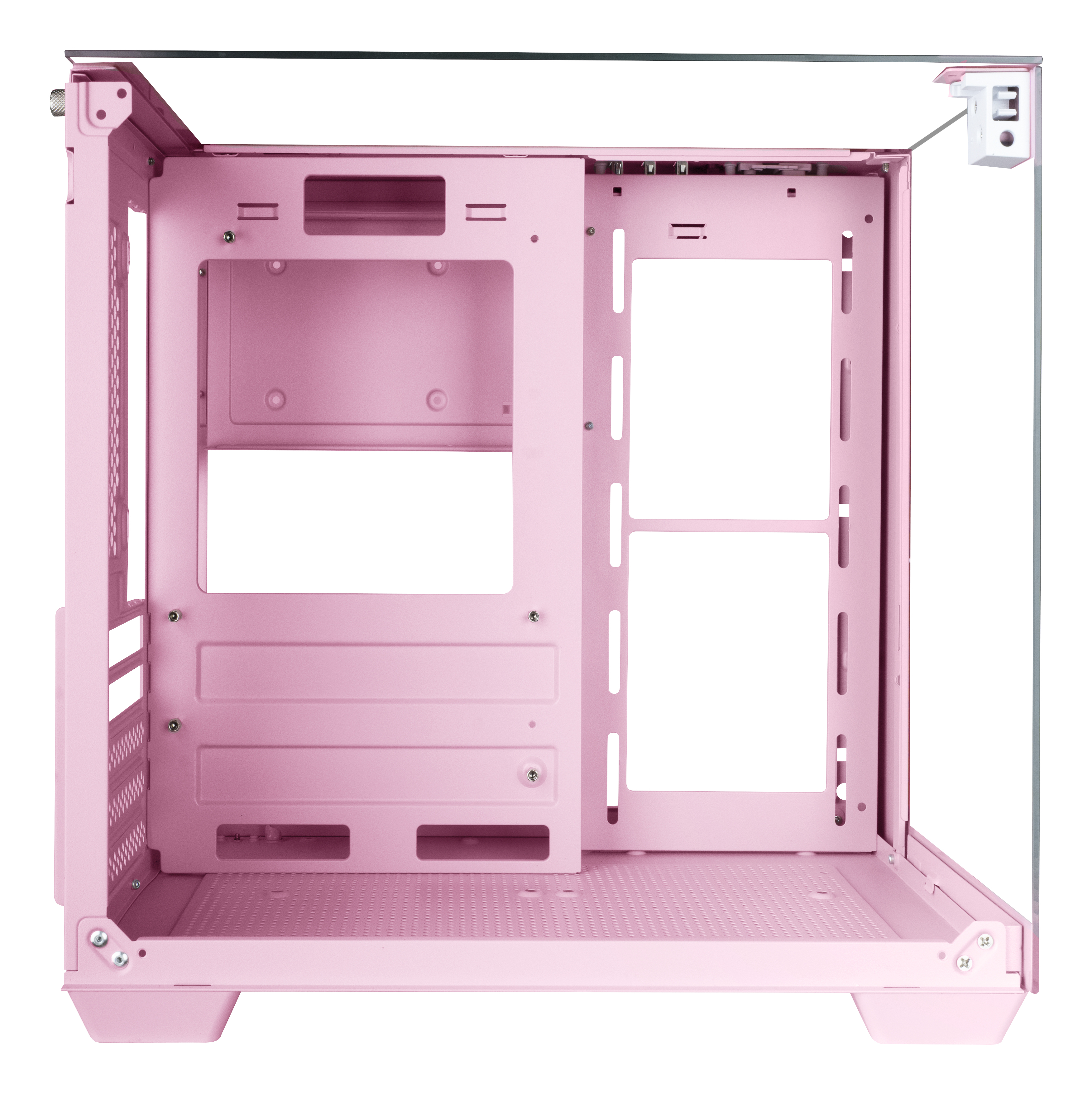 Różowa obudowa komputera ze szklanym panelem bocznym. Otwarty środek, różne otwory na komponenty i przezroczysty szklany panel.