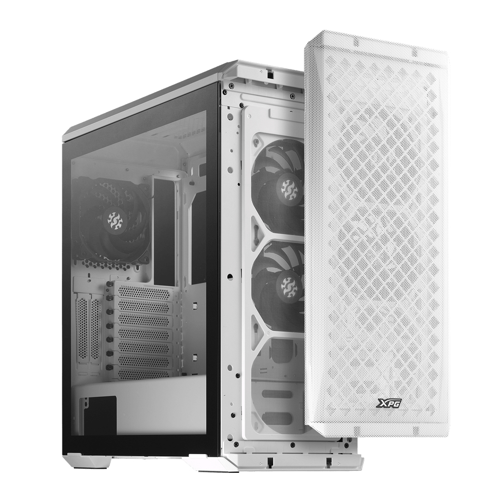 Case per computer bianco con pannello laterale in vetro. Sono visibili ventole e componenti interni. Il pannello frontale è parzialmente aperto.