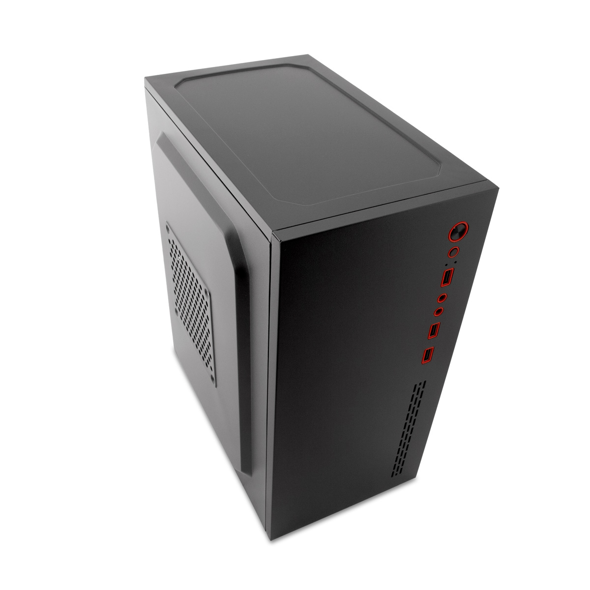 Un case nero per computer con dettagli rossi su sfondo bianco. Il case ha una ventilazione e porte frontali.