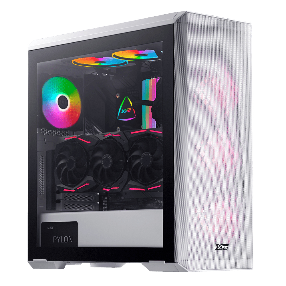 Un case per PC bianco con pannello laterale in vetro, che rivela componenti interni e ventole colorate, inclusa una GPU con tre ventole.